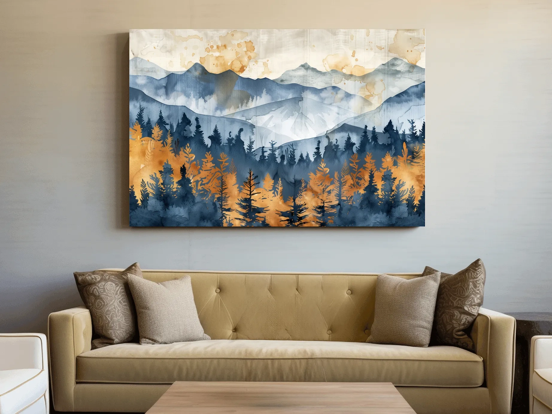 Watercolor Mountain Forest Landscape - Abstract Golden Autumn Pines Wall Art