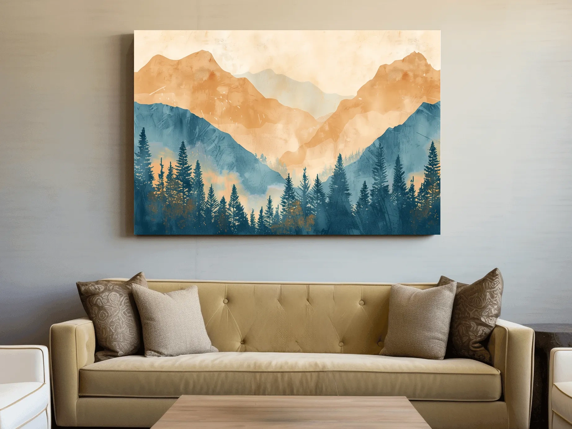 Watercolour painting, foggy treeline in the mountains, textured art style