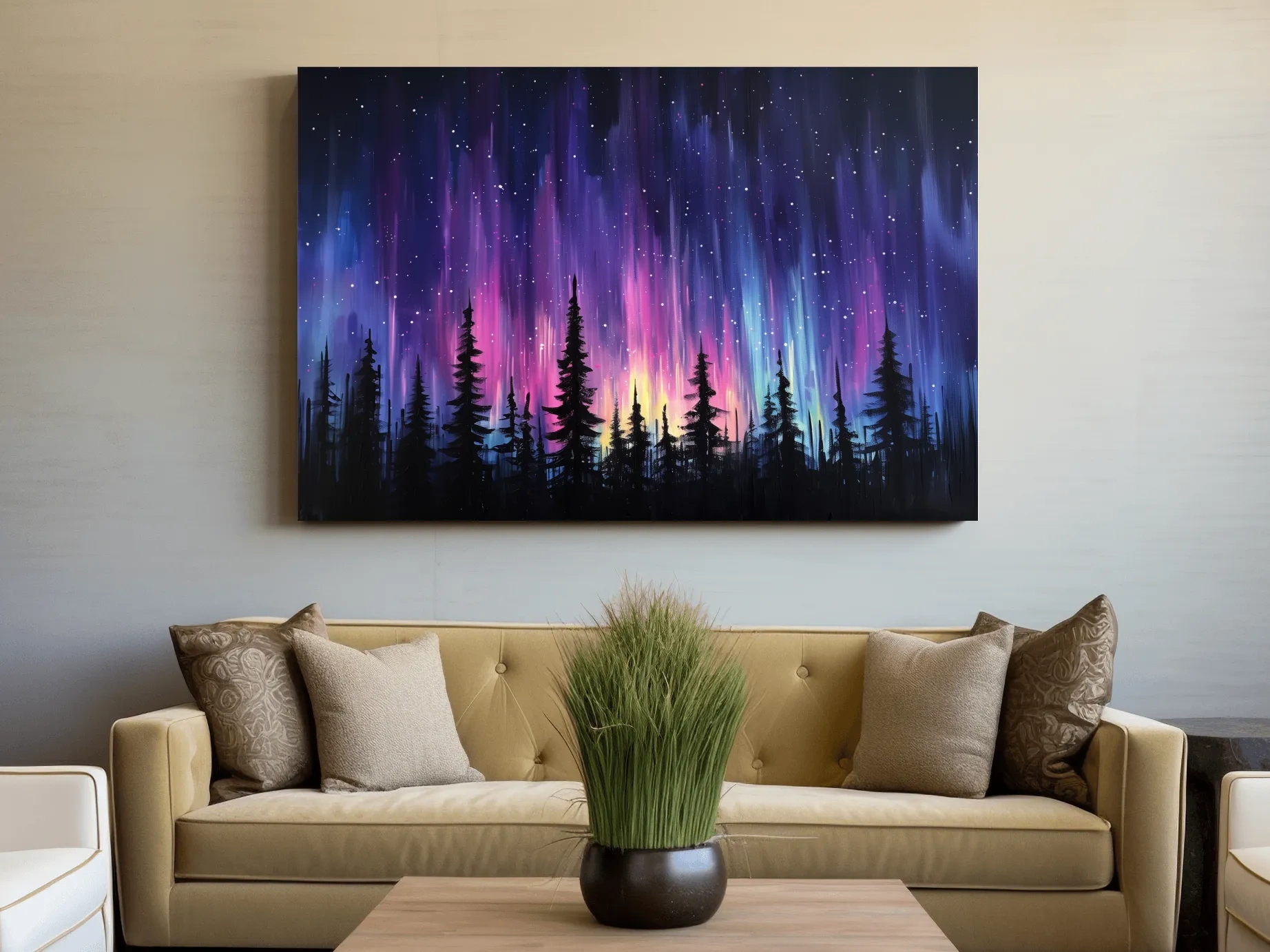Vibrant Purple Northern Lights & Silhouetted Pine Forest - Aurora Borealis Painting Wall Art