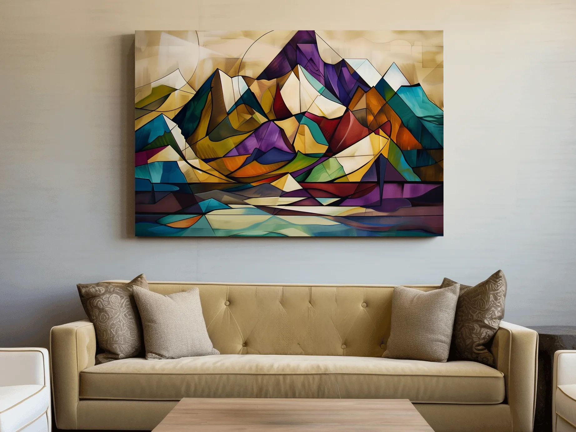 Vibrant Leadlight Style Mountain Range Painting - Abstract Colorful Stained Glass Wall Art