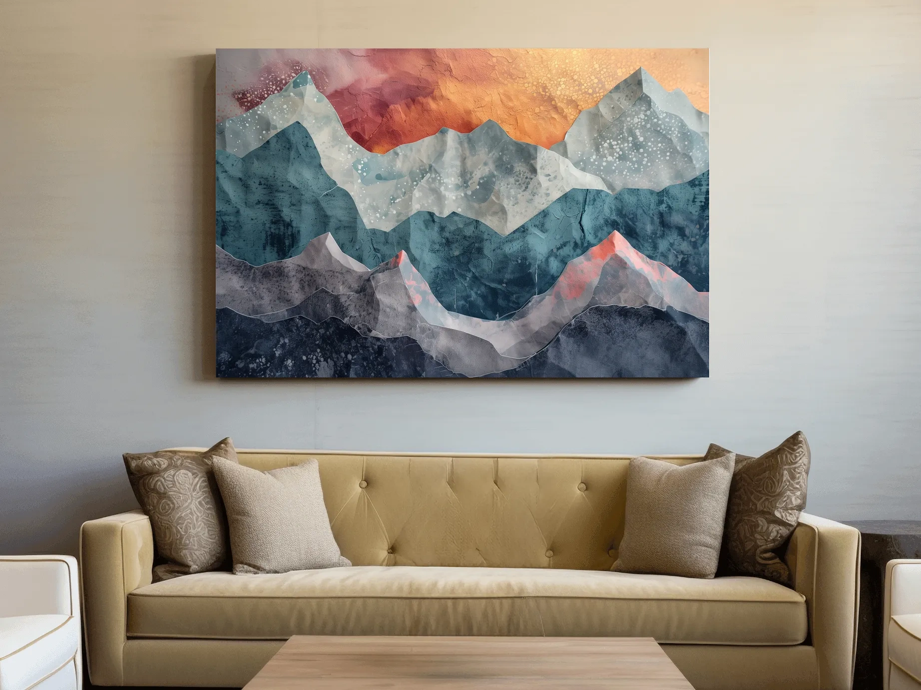 Layered Abstract Mountain Range Sunset - Modern 3D Mixed Media Landscape Wall Art