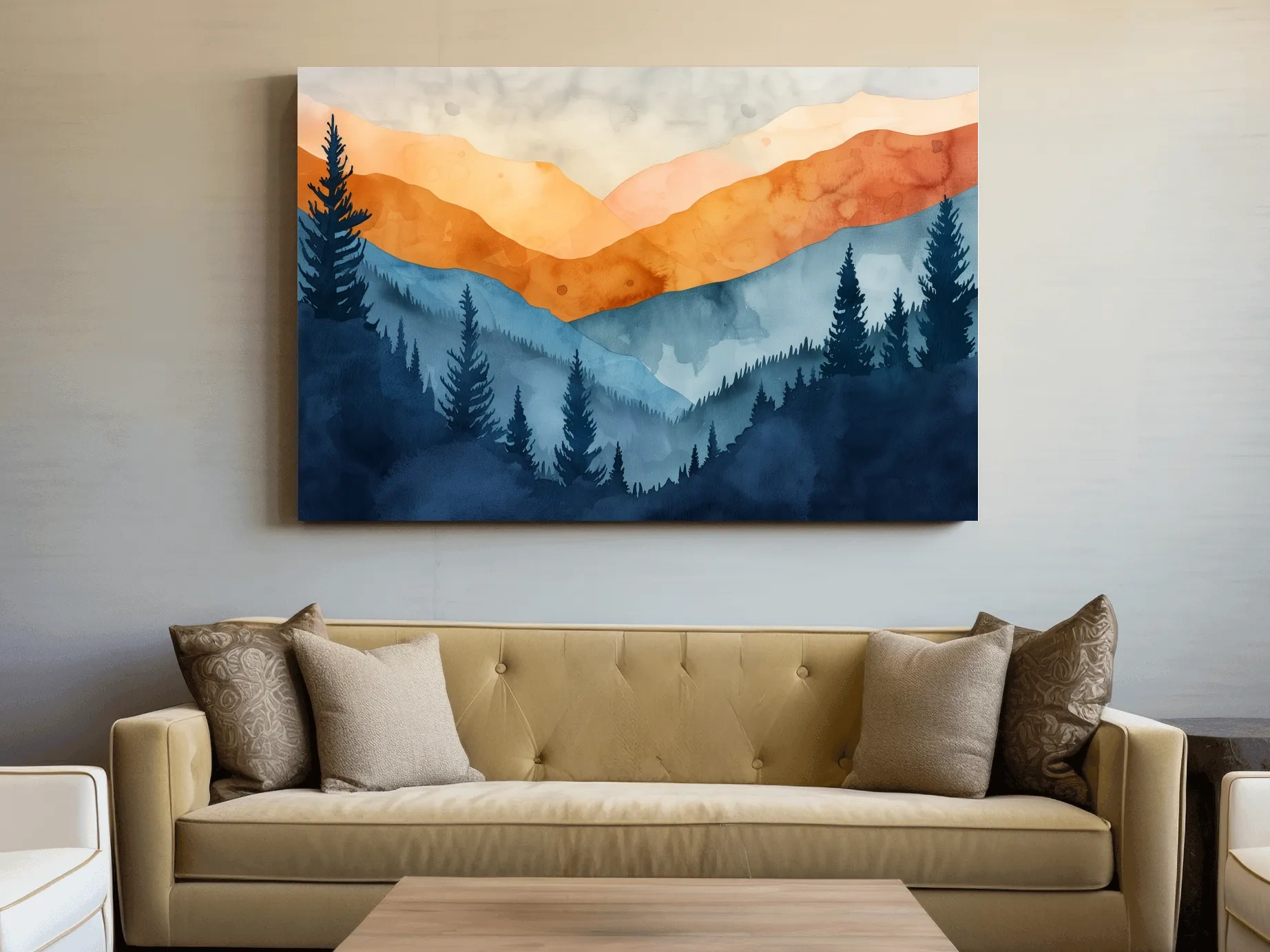 Moody Watercolor Mountain Range Silhouette - Pine Forest Painting Wall Art