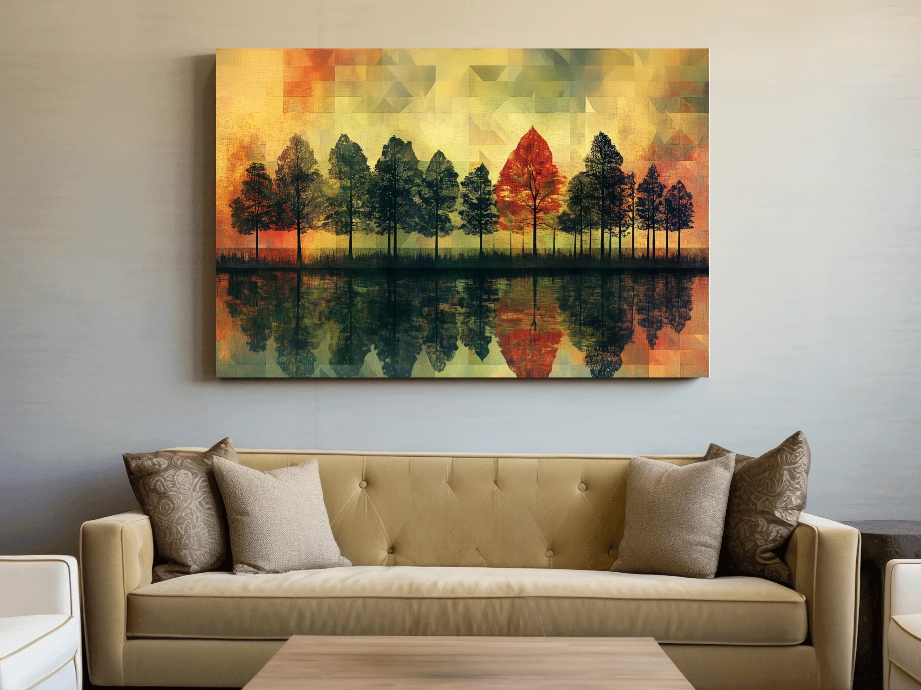 Abstract Geometric Autumn Forest Reflection - Modern Mosaic Landscape Artwork