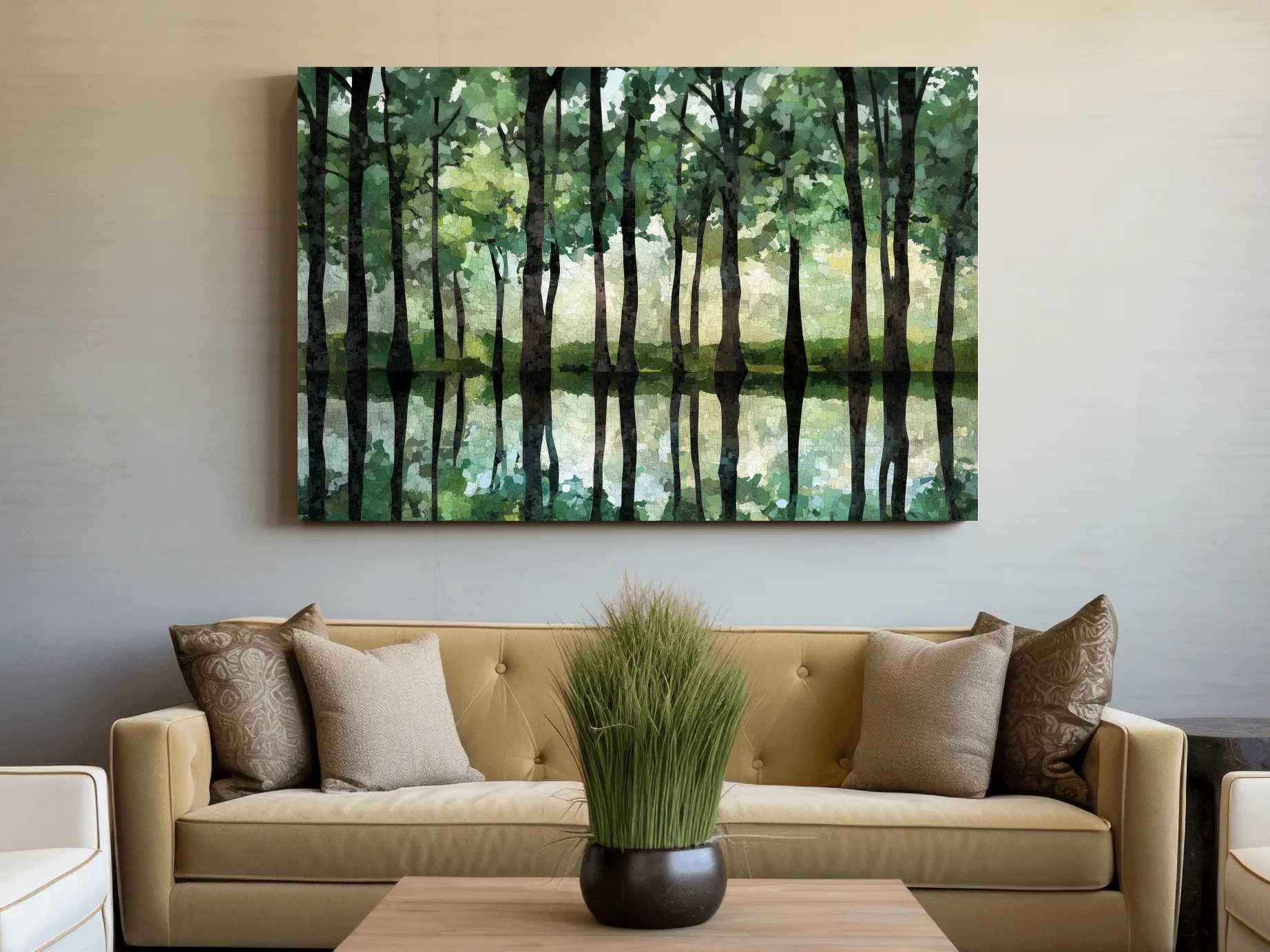 Mosaic Watercolor Forest Lake Reflection - Serene Nature Landscape Wall Art