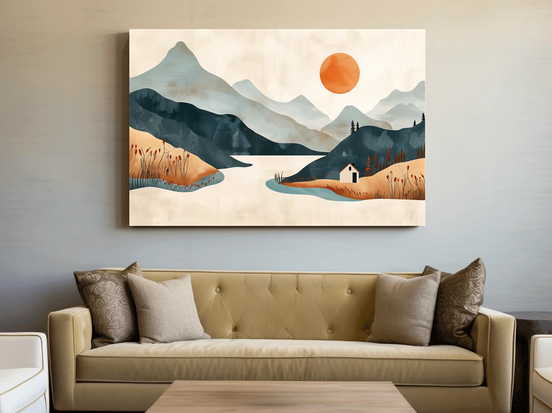 Minimalist Mountain Sunset Lake Cabin Illustration - Modern Scandinavian Wall Art