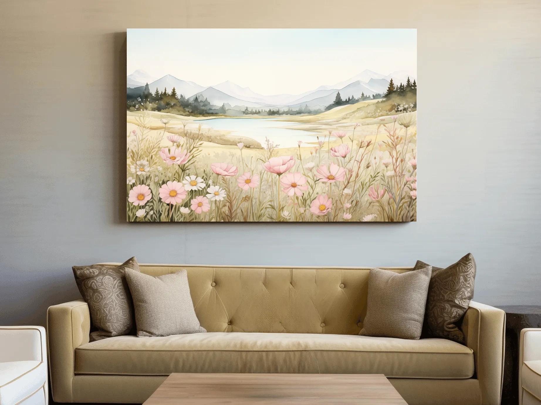 Soft Watercolor Wildflower Meadow Landscape - Serene Pastel Alpine Wall Art