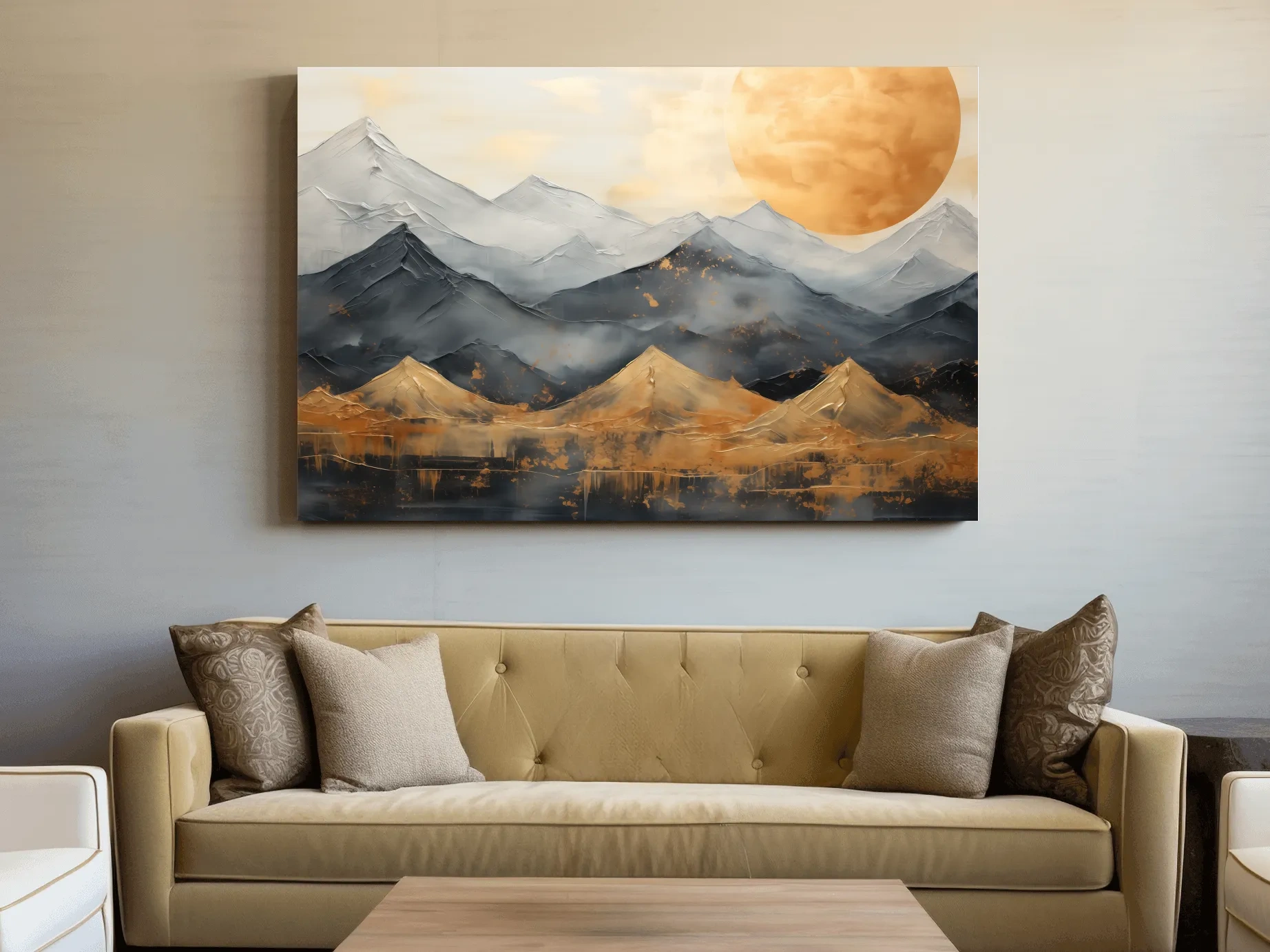 Gold Leaf Style Abstract Mountain Range Sunset - Modern Landscape Wall Art