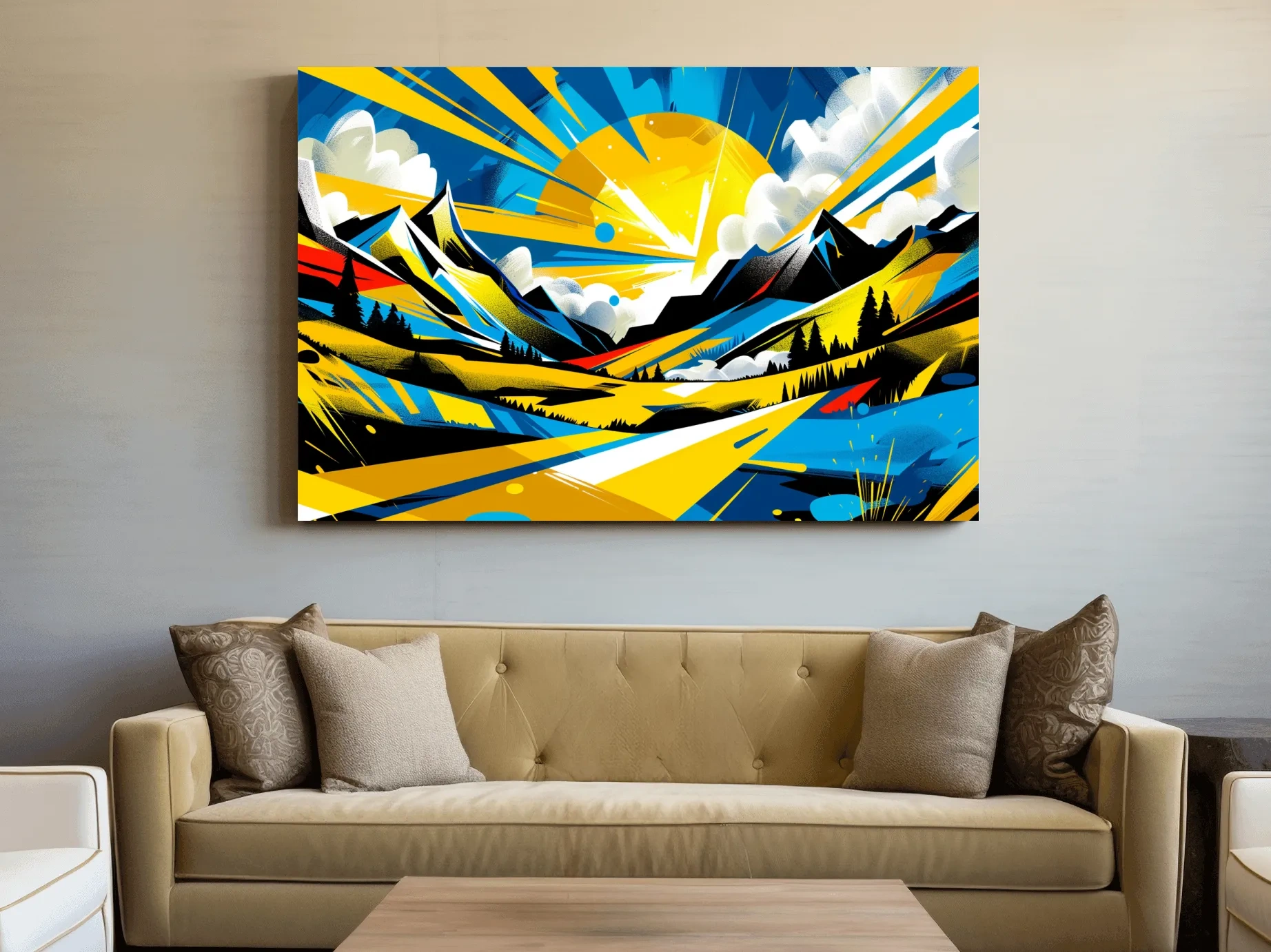 Vibrant Geometric Graffiti Mountain Sunset Landscape - Bold Pop Art Style Wall Art