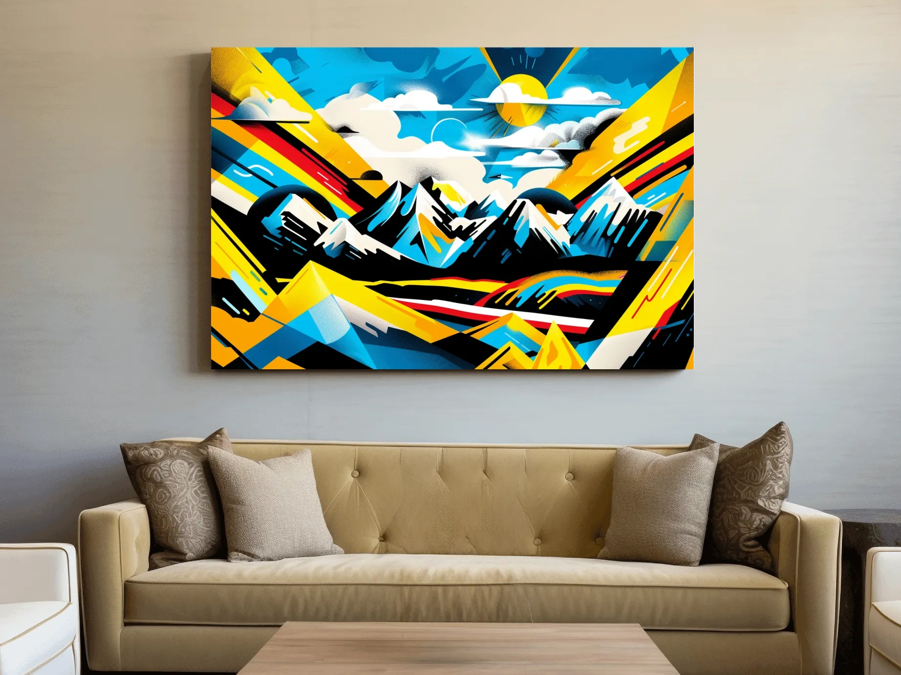 Vibrant Colorful Mountain Sunrise Illustration - Graffiti Style Landscape Wall Art