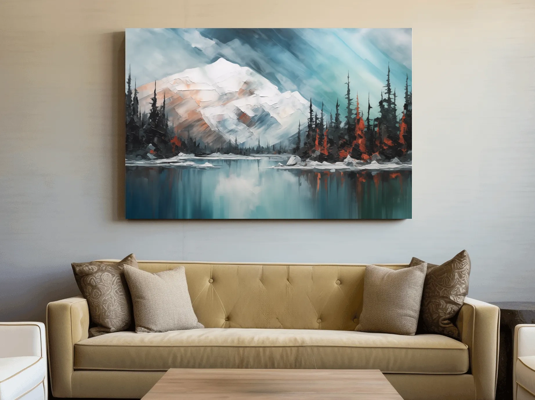 Oil painting of a snowy mountain and lake