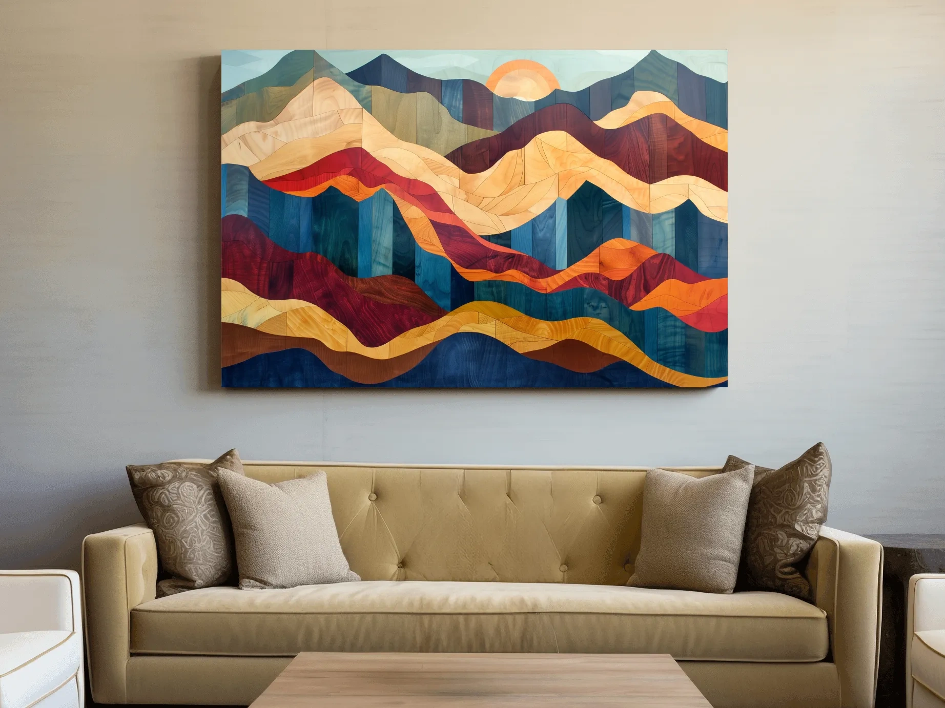 Layered Abstract Mountain Sunset Woodgrain - Mid Century Modern Wall Art