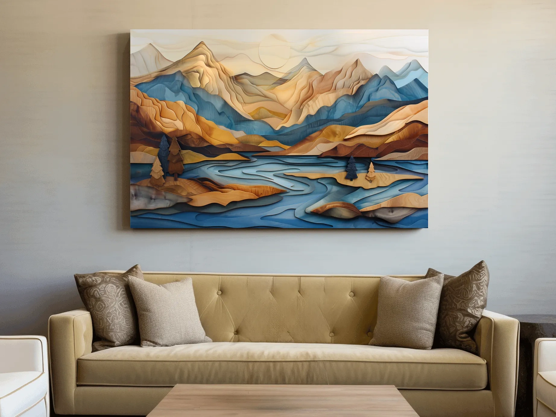 Wood Intarsia Style Alpine Mountain Lake Landscape - Modern Abstract Wall Art