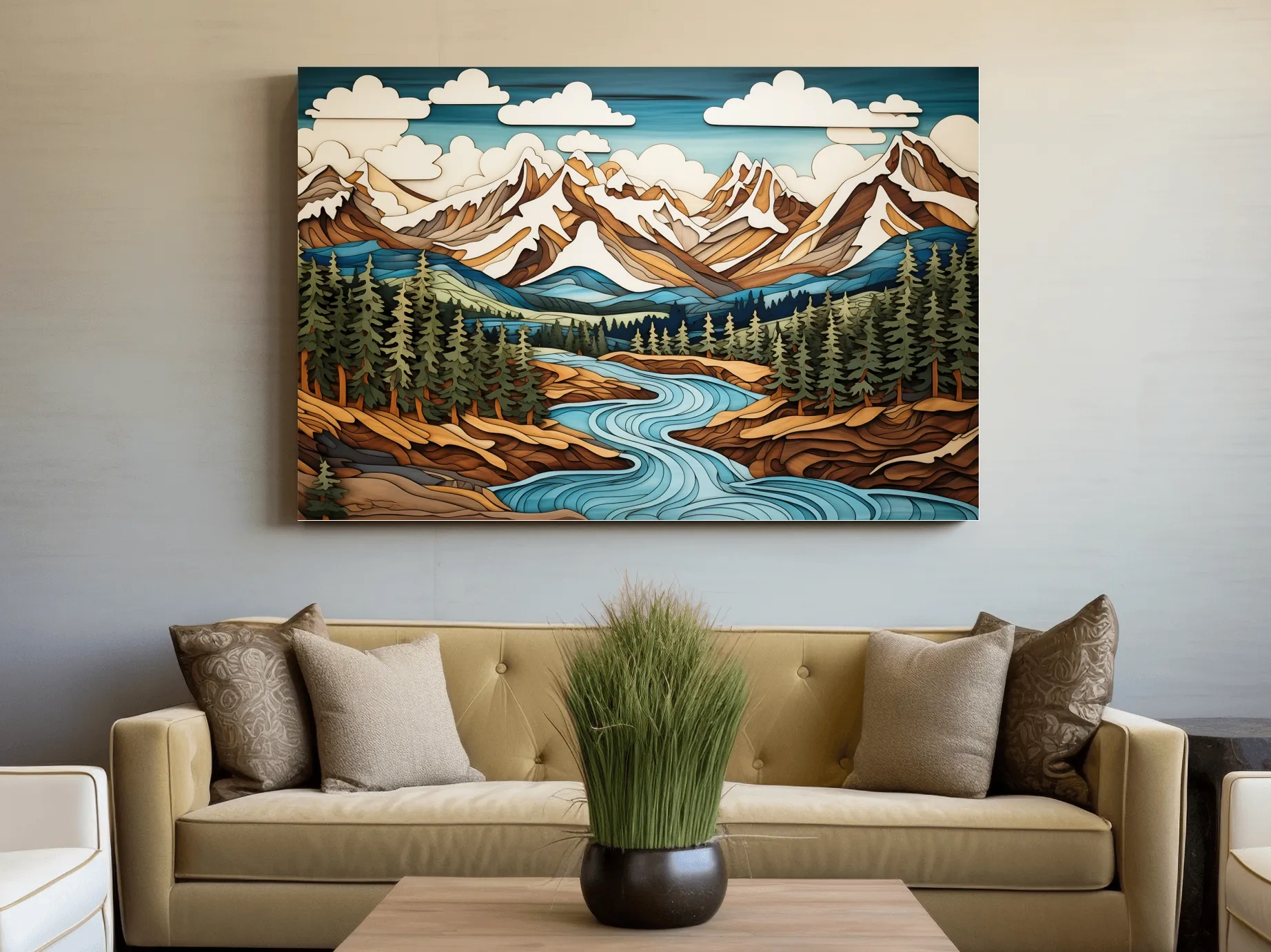 Intarsia Style Mountain River Landscape - Rustic Alpine Forest Artwork