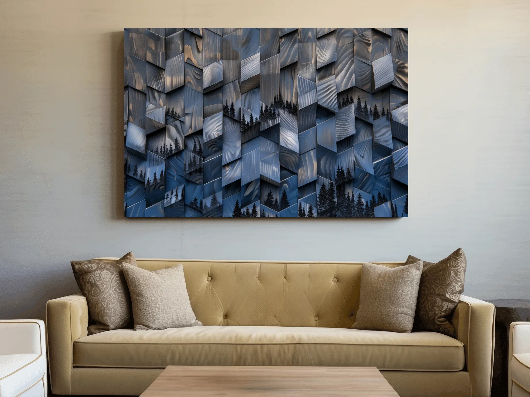 Wood Block Mountain Forest Collage - 3D Effect Abstract Landscape Wall Art