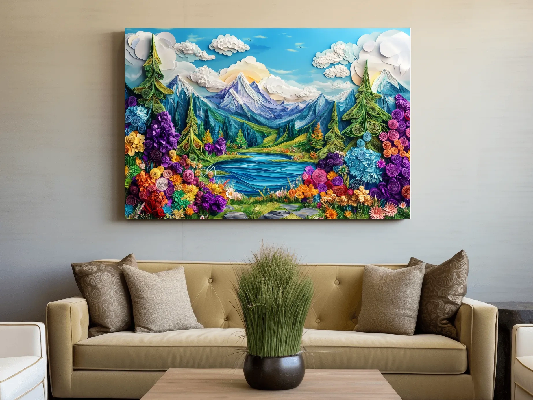 Vibrant alpine meadows artwork, 3D paper quilling effect