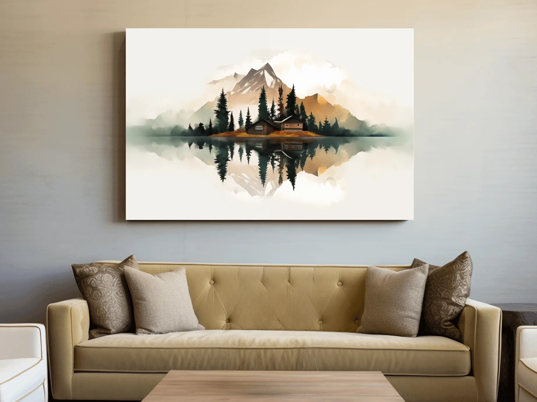 Minimalist Mountain Cabin Lake Reflection - Misty Watercolor Landscape Wall Art