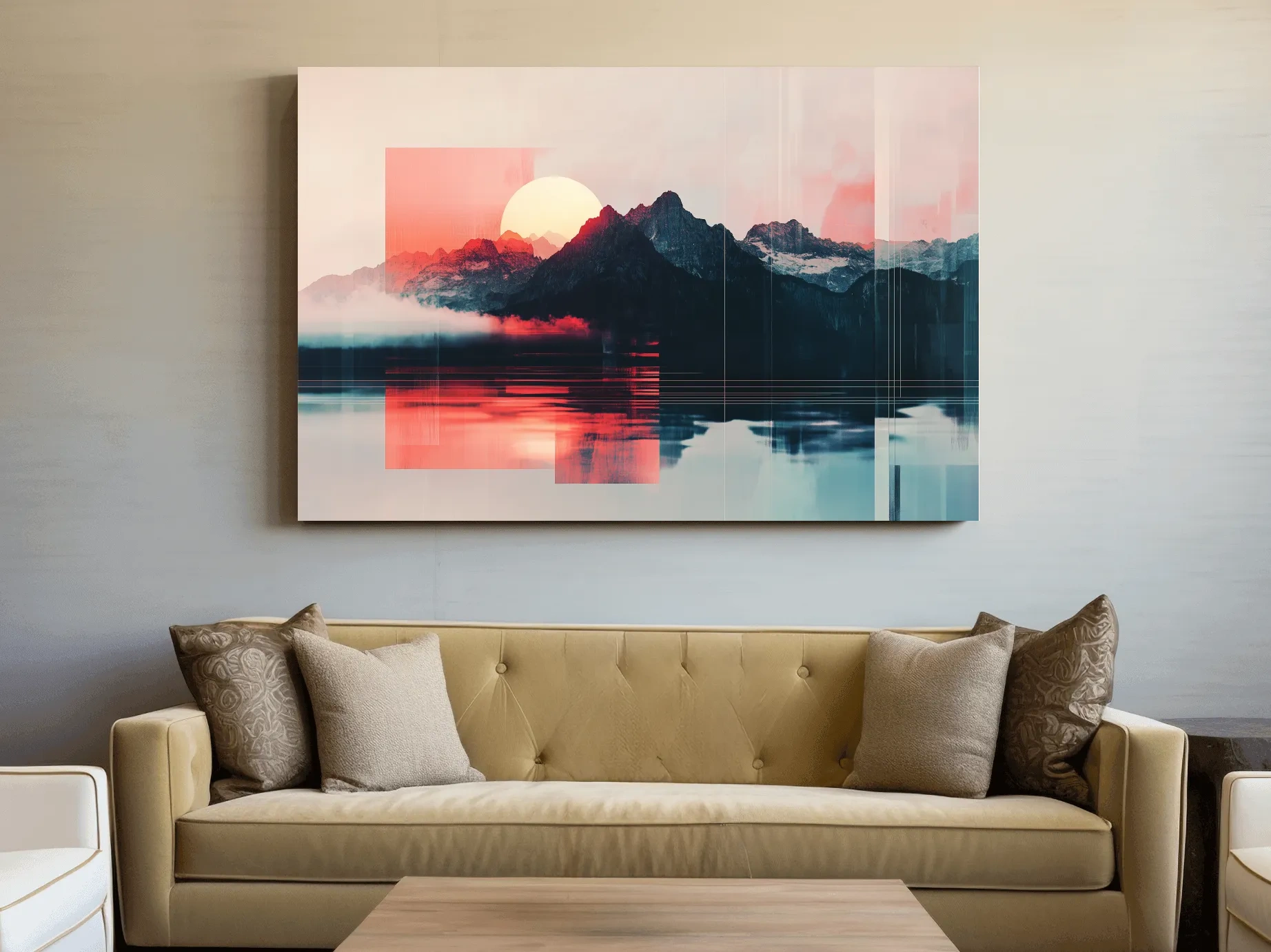 Abstract Alpine Mountain Sunset Reflection - Modern Geometric Glitch Wall Art