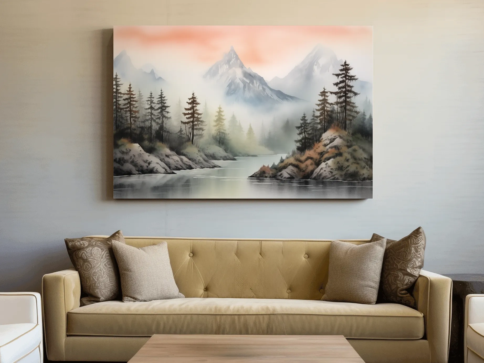 Misty Watercolor Mountain Lake Landscape - Serene Pine Forest Wall Art