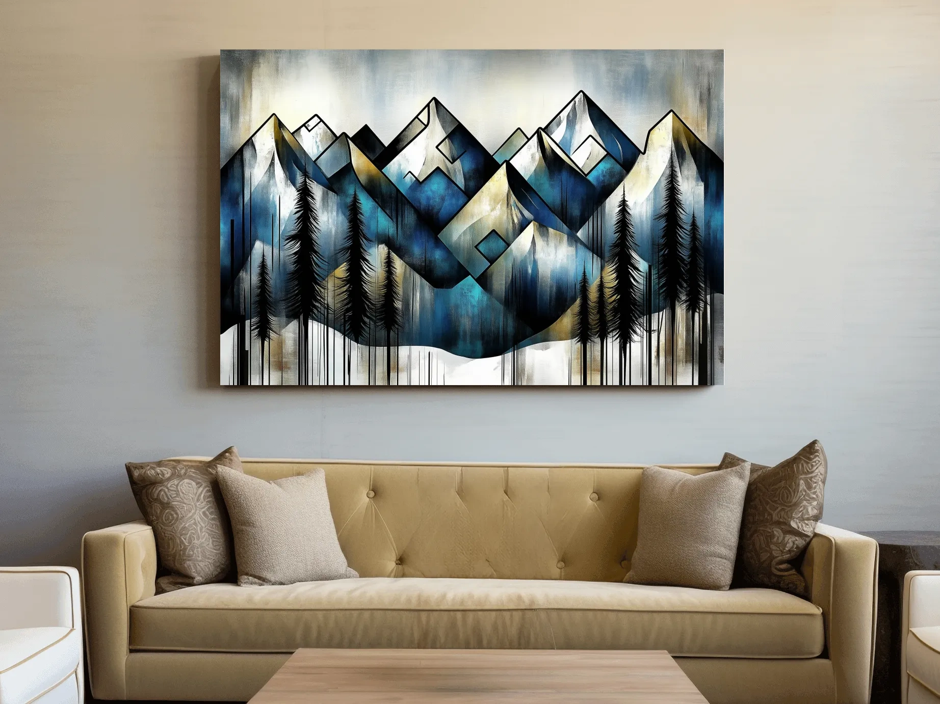 Geometric Mountain Peaks With Pine Trees - Modern Abstract Landscape Artwork