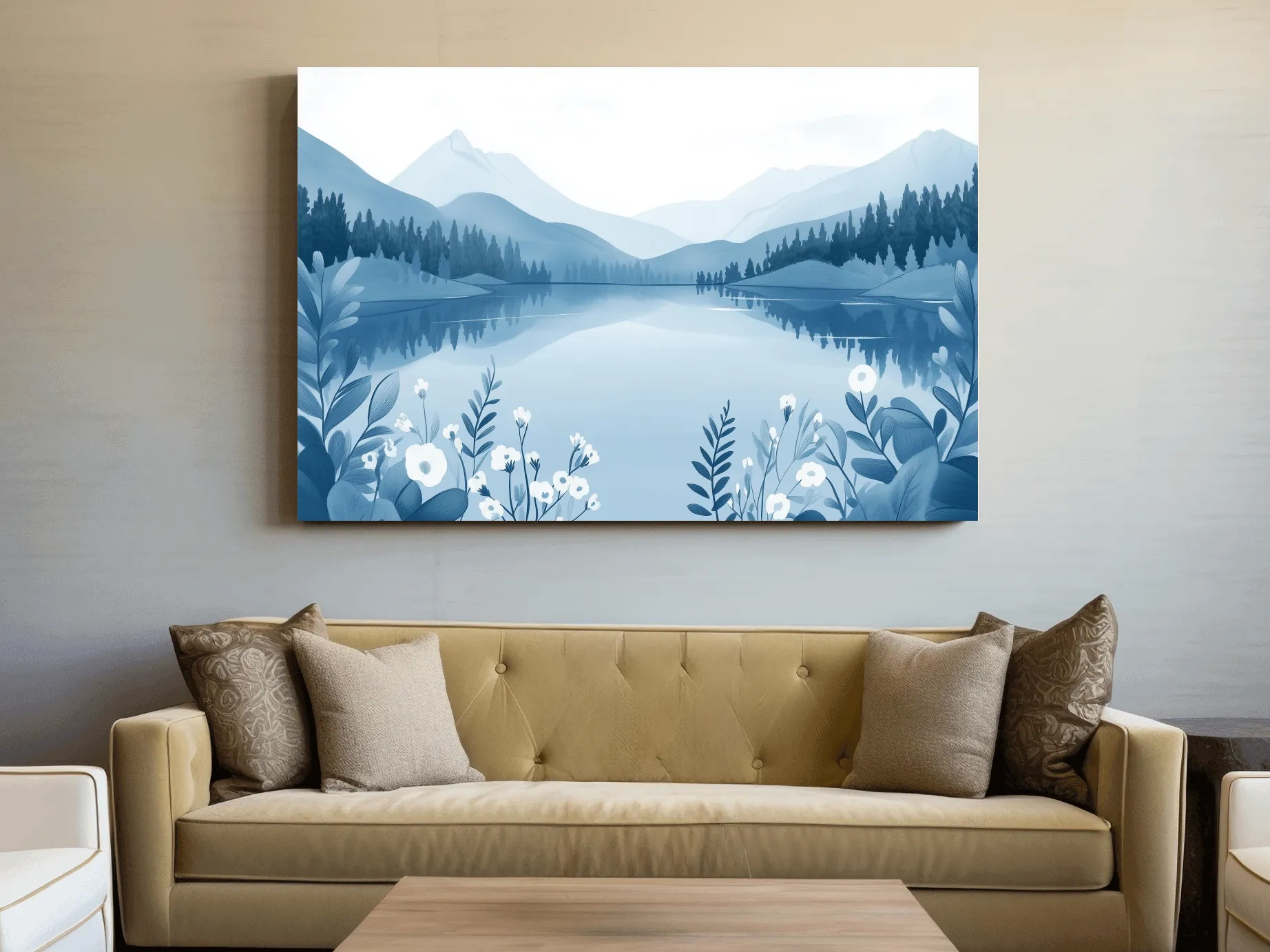 Serene Mountain Lake Illustration - Minimalist Alpine Landscape Wall Art