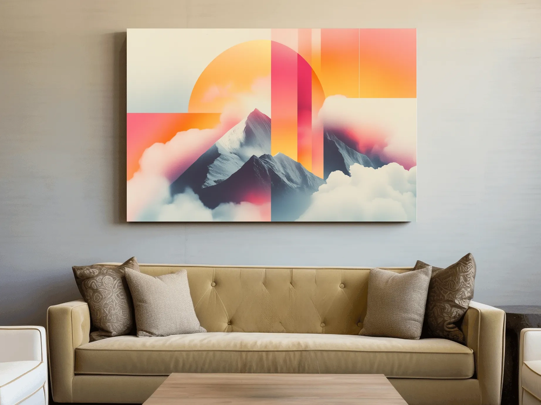 Surreal Retro Mountain Sunrise Wall Art - Abstract Artwork