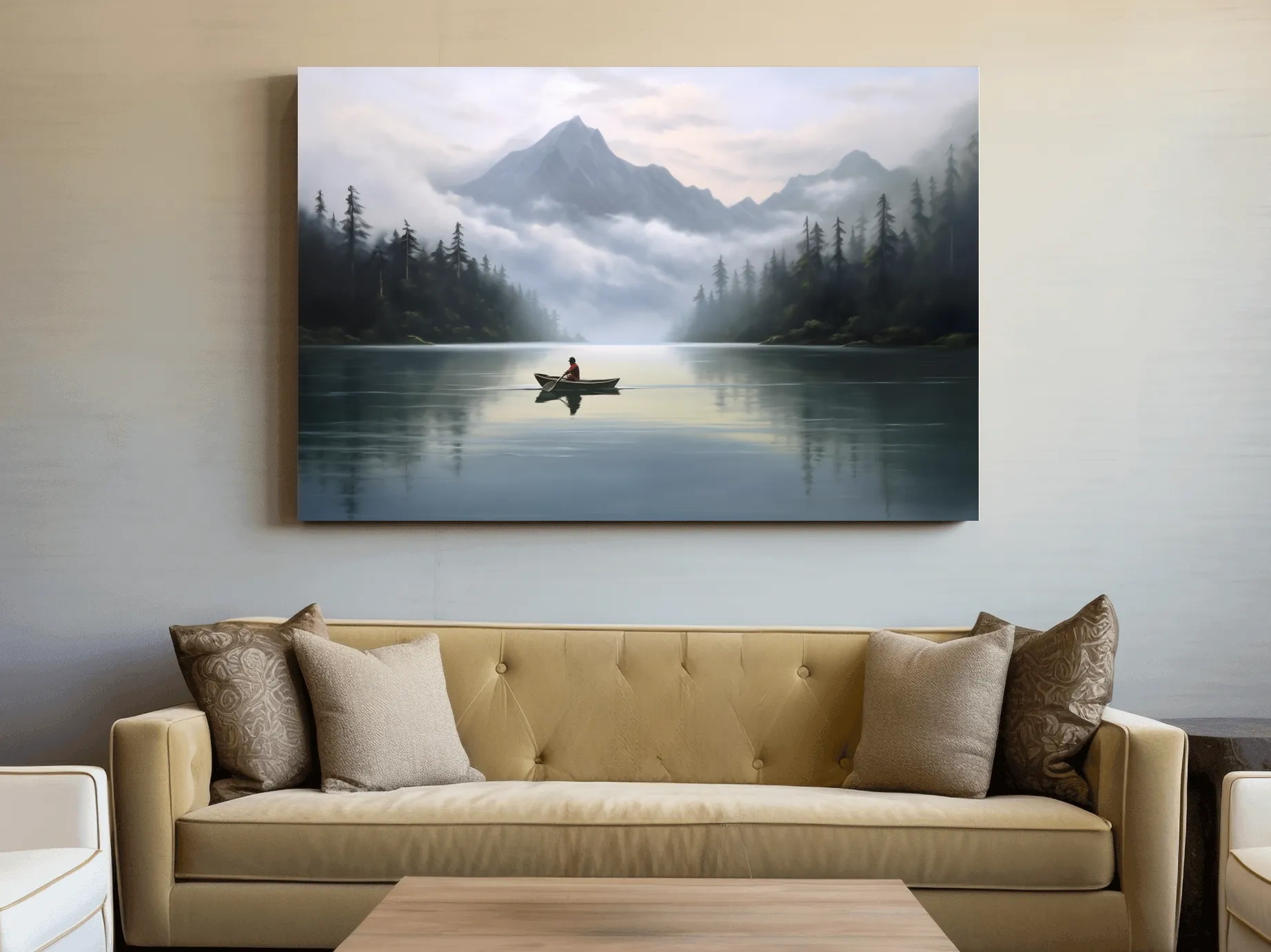 Misty Mountain Alpine Lake Canoe Scene - Serene Landscape Wall Art
