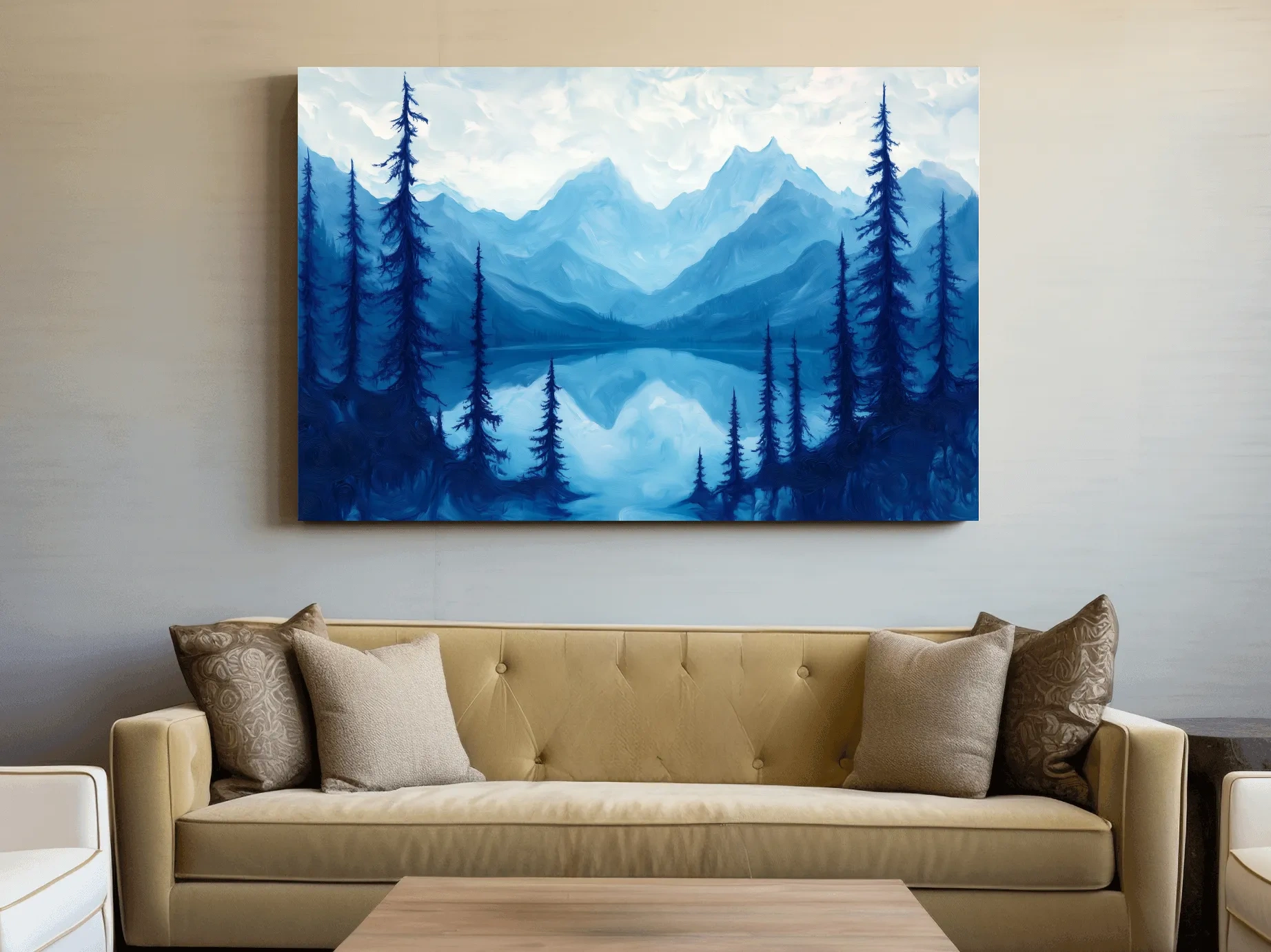 Serene Blue Mountain Lake Oil Painting - Alpine Forest Landscape Artwork