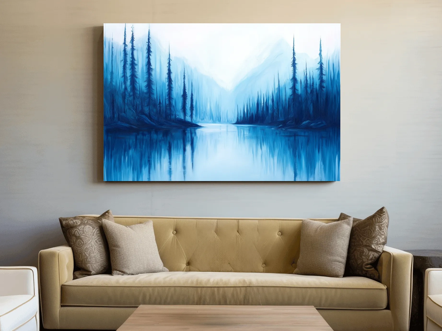 Misty Blue Alpine Lake & Pine Forest - Impressionist Landscape Painting Artwork