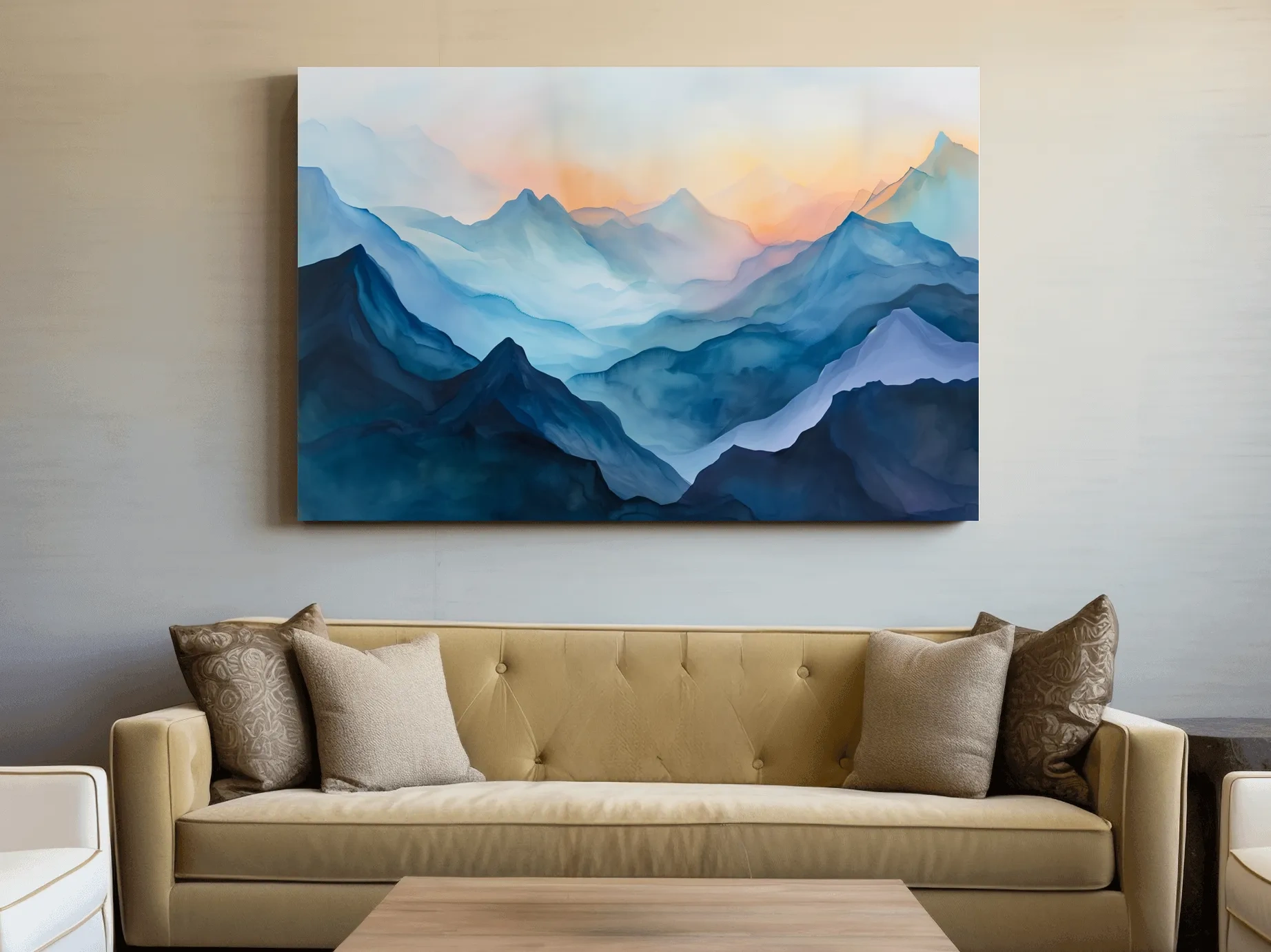 Misty Sunrise Watercolor Mountain Range - Serene Abstract Landscape Wall Art
