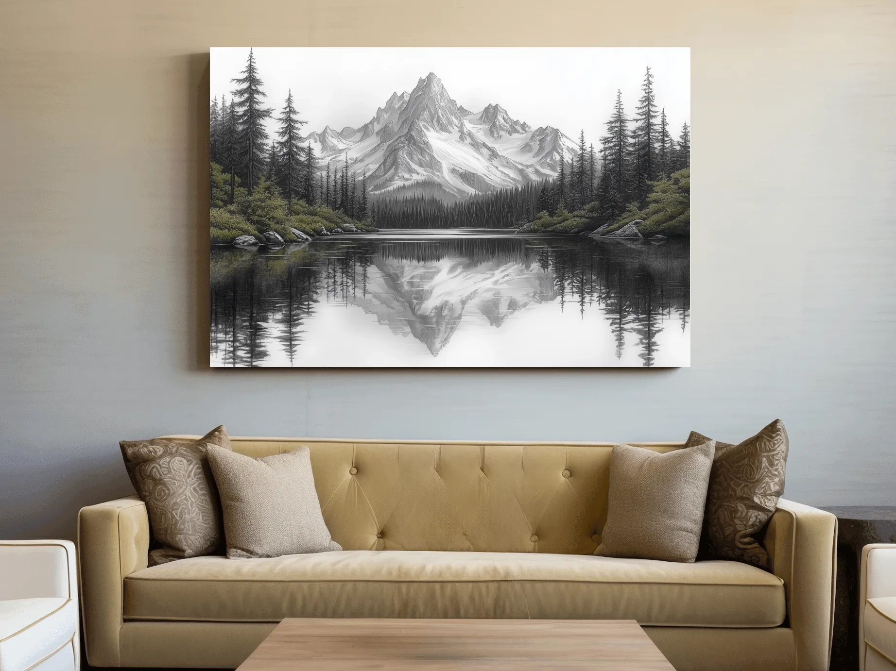 Monochrome Alpine Mountain Lake Reflection Sketch Artwork - Minimalist Forest Landscape Wall Art