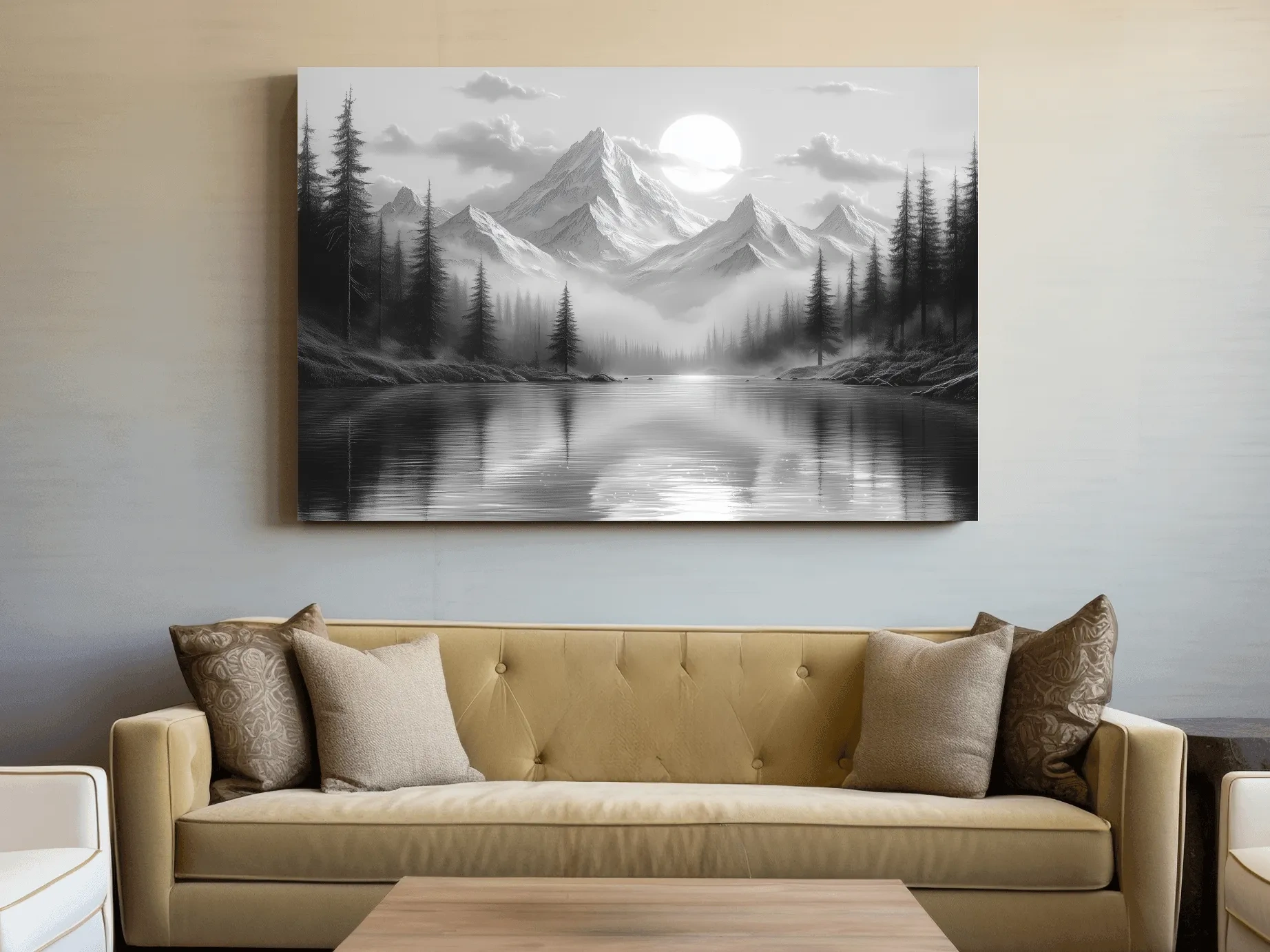 Monochrome Misty Alpine Lake Landscape - Mountain Forest Wall Art