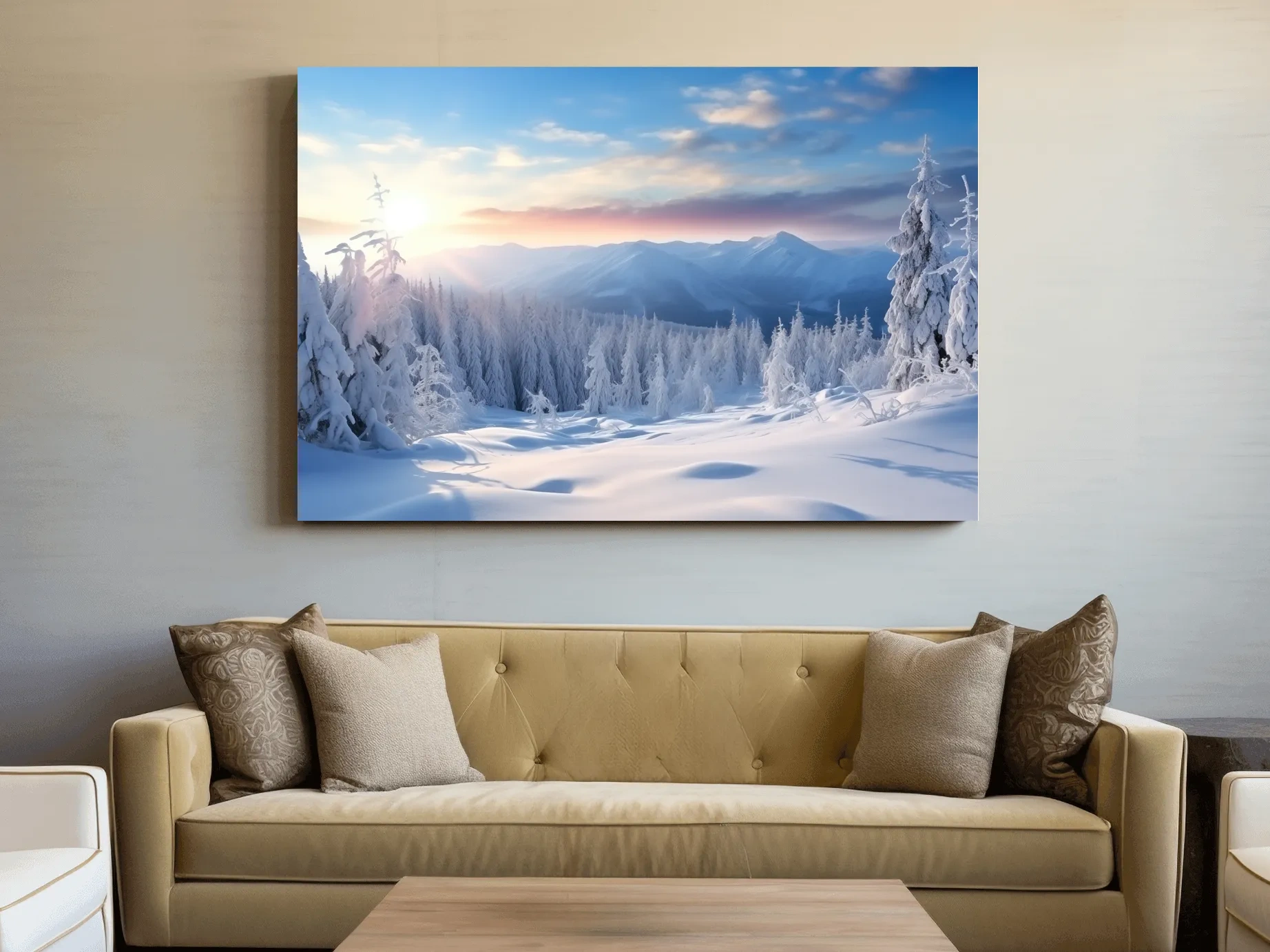 Serene Winter Mountain Sunrise Artwork - Snowy Pine Forest Photographic Wall Art