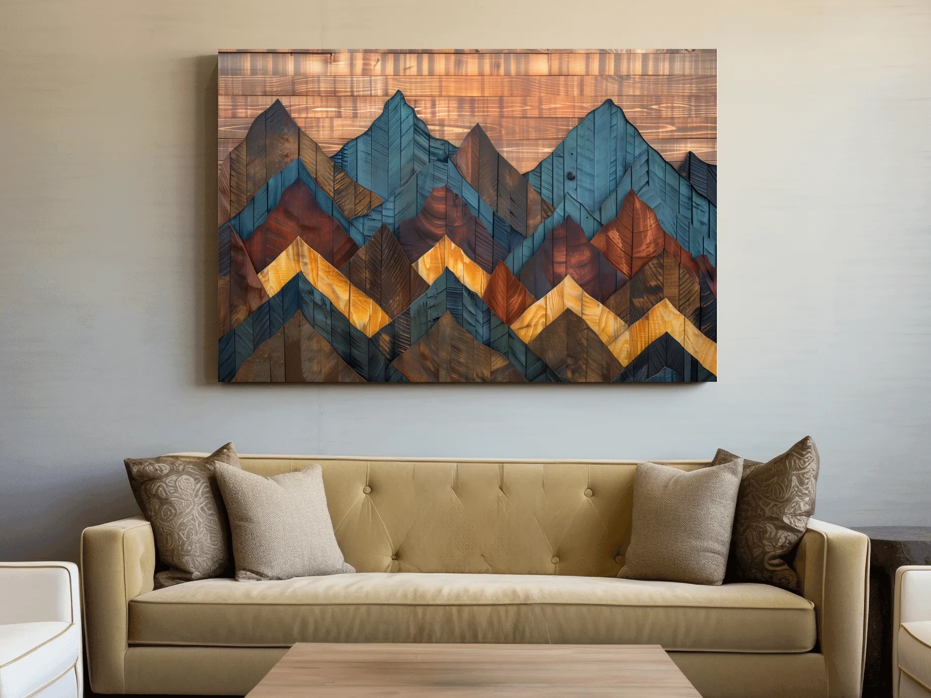 Geometric Wood Grain Mountain Range - Rustic Landscape Artwork