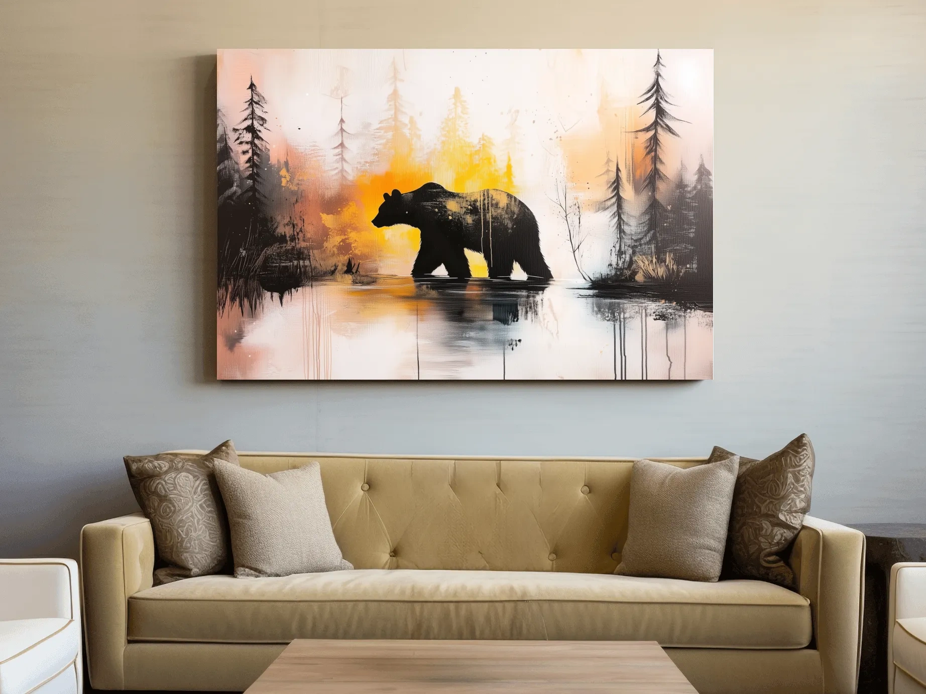 Grizzly Bear Forest Silhouette - Abstract Watercolor Wilderness Wall Art