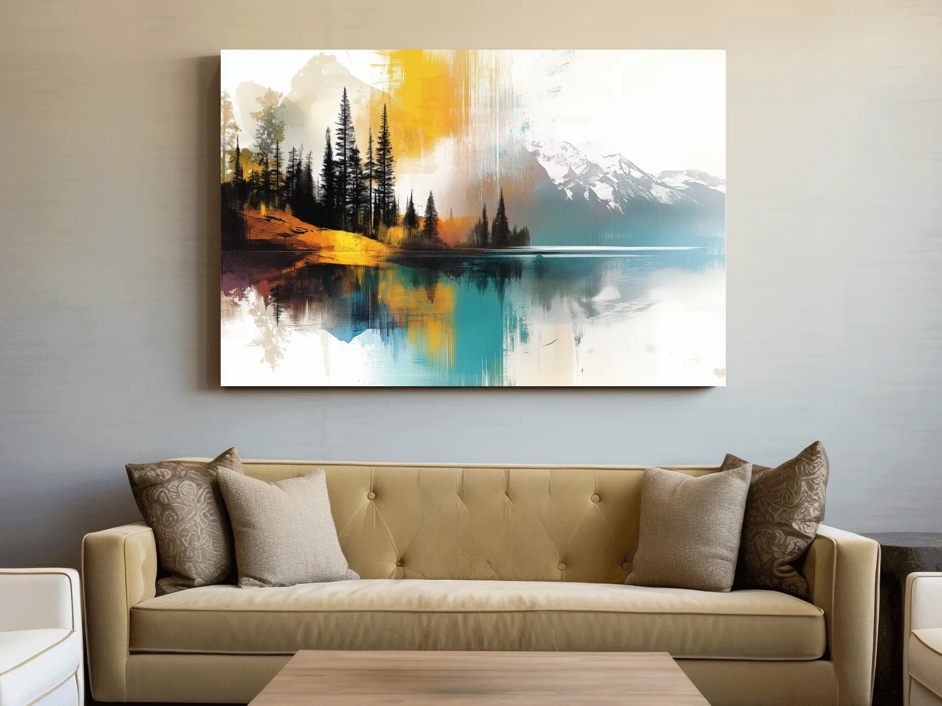 Colorful Abstract Mountain Lake Reflection Painting - Forest Landscape Wall Art