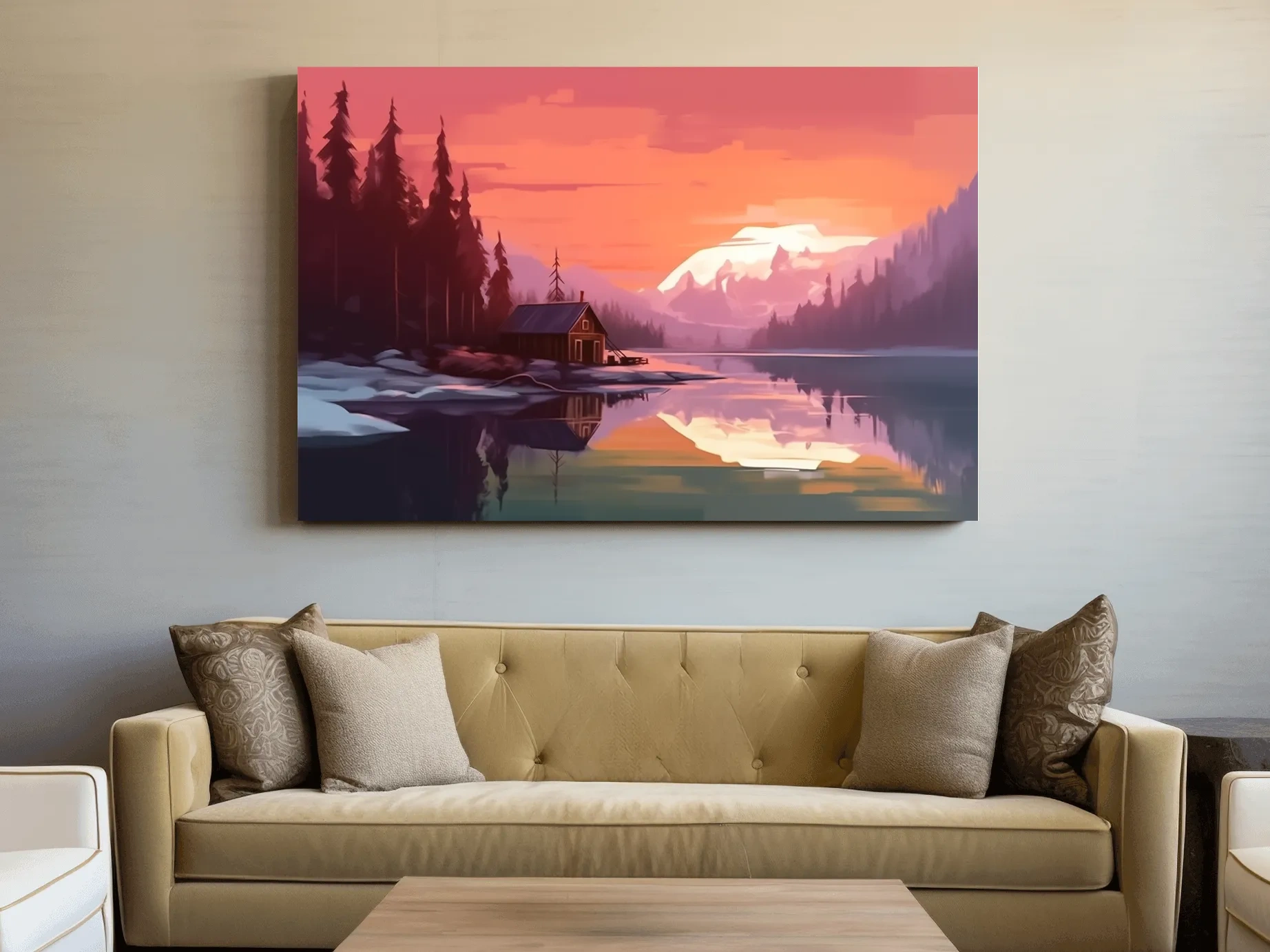 Sunset Mountain Lake Cabin Painting - Serene Alpine Landscape Wall Art