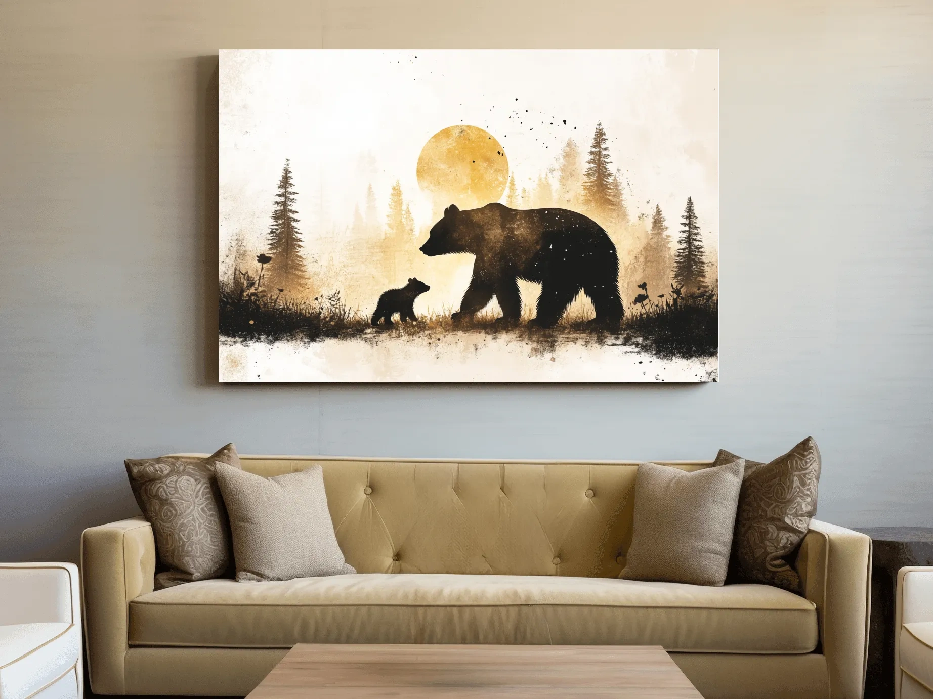 Momma Bear And Cub Watercolor Silhouette - Rustic Forest Wildlife Wall Art