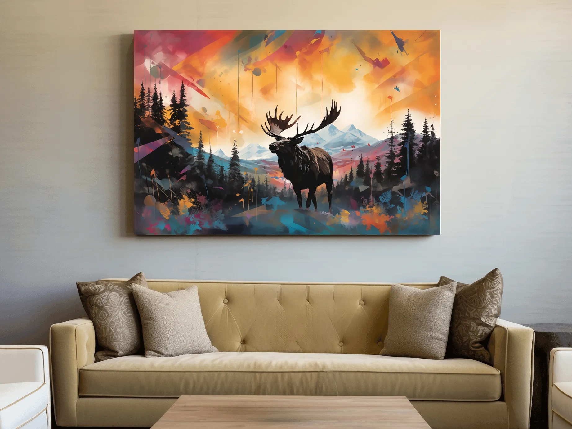 Vibrant Abstract Moose Mountain Painting - Colorful Wildlife Wall Art