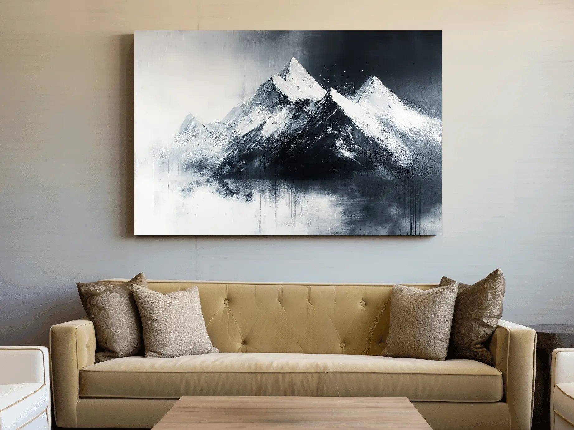 Moody Monochrome Snowcapped Mountain Peaks Painting - Modern Minimalist Wall Art