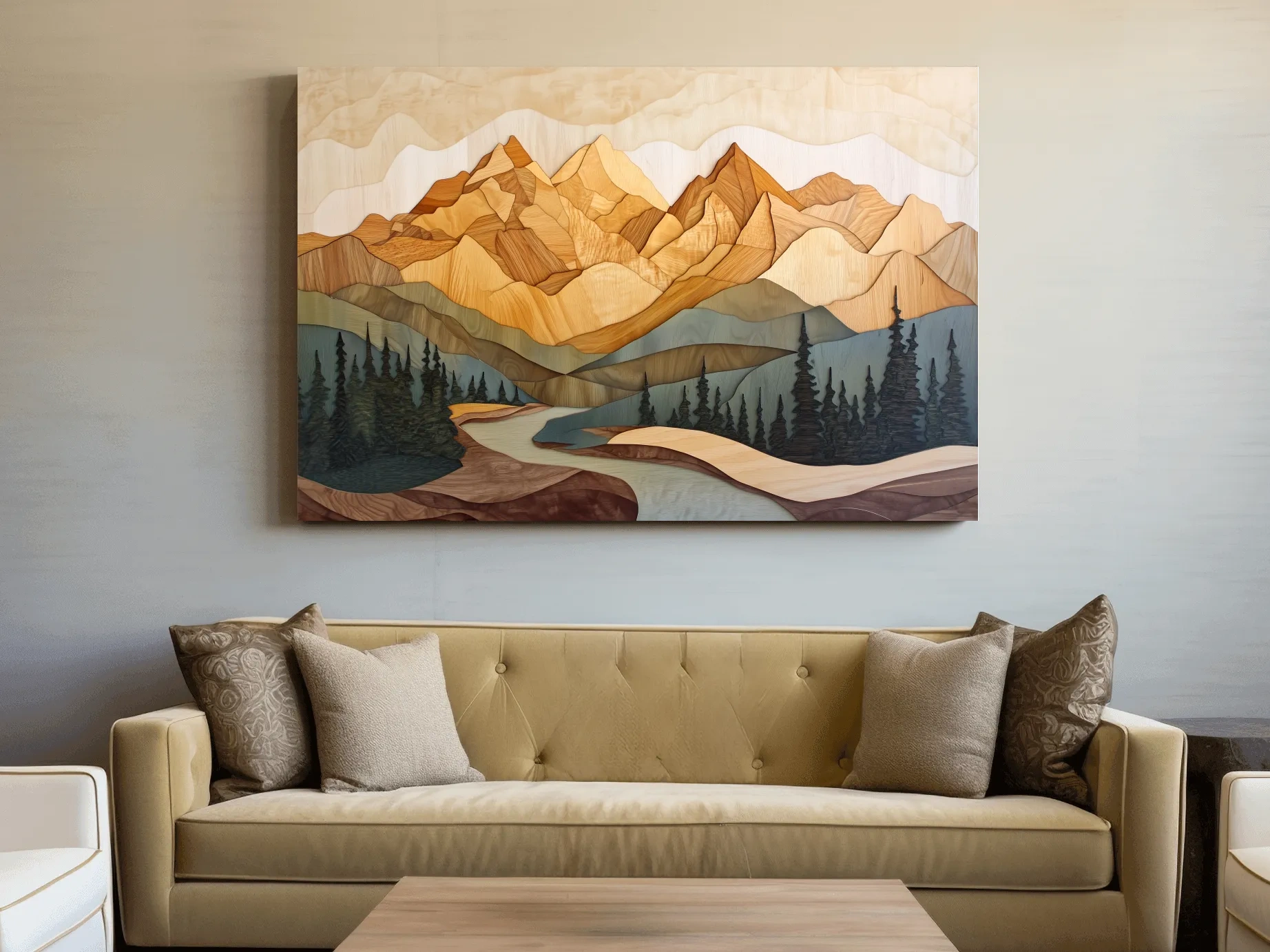 Wood Intarsia Mountain Landscape - Warm Earth Tone Alpine Forest Wall Art