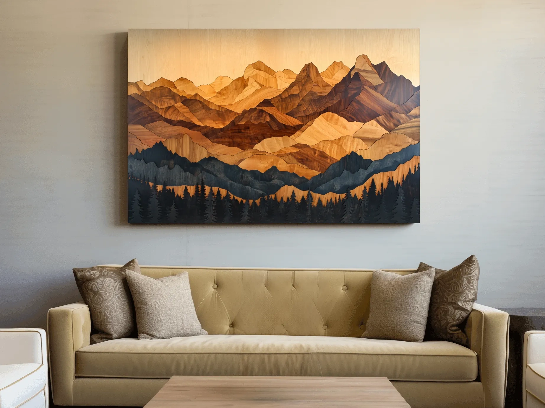 Layered Woodcut Intarsia Mountain Range Landscape - Peaks And Pine Forest Wall Art