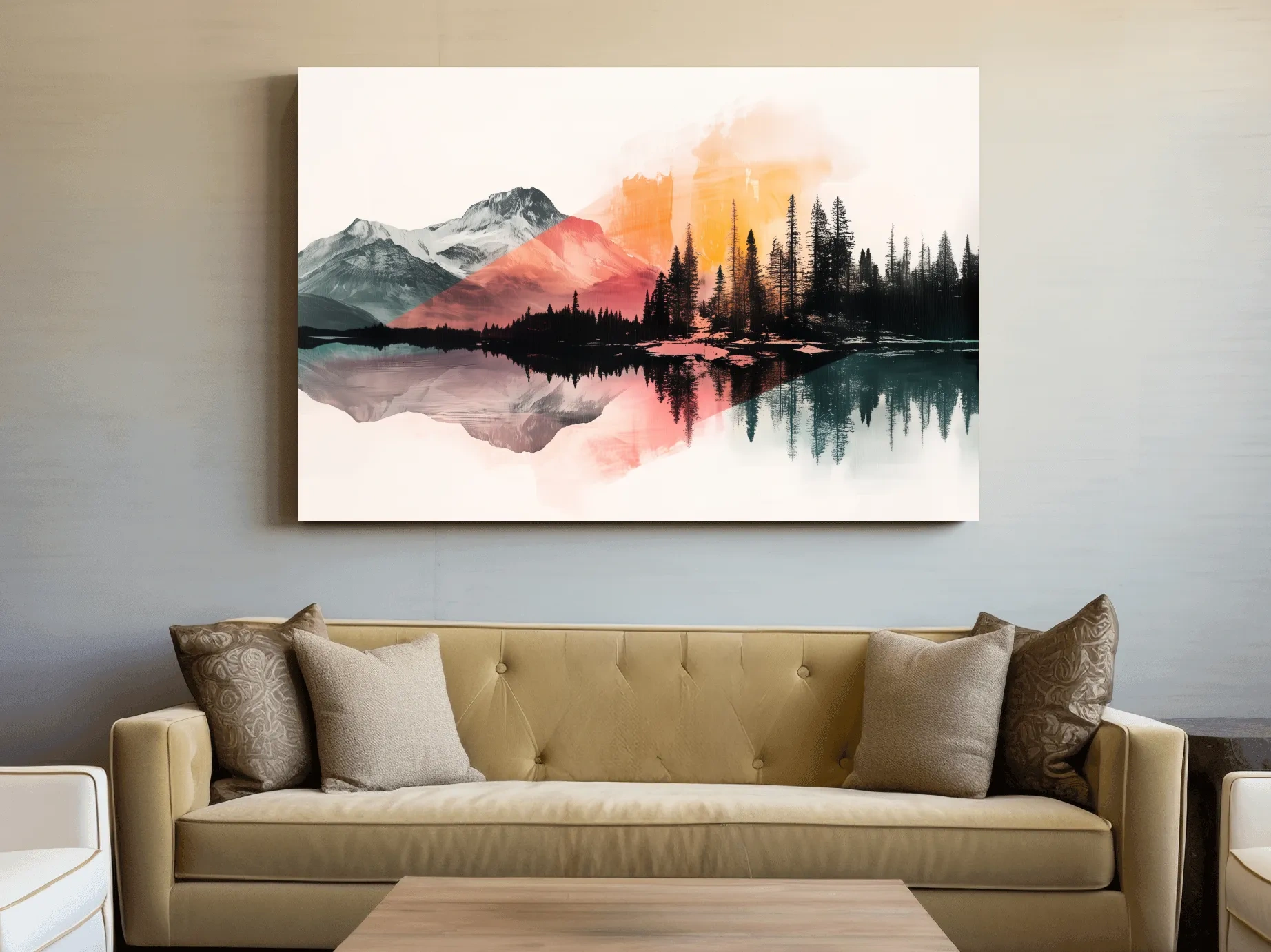 Abstract Alpine Lake Reflection Painting - Modern Watercolor Forest Landscape Wall Art