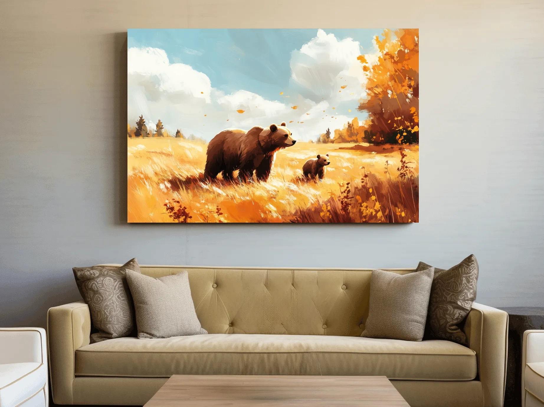 Autumn Grizzly Bear & Cub Painting - Warm Golden Wildlife Wall Art