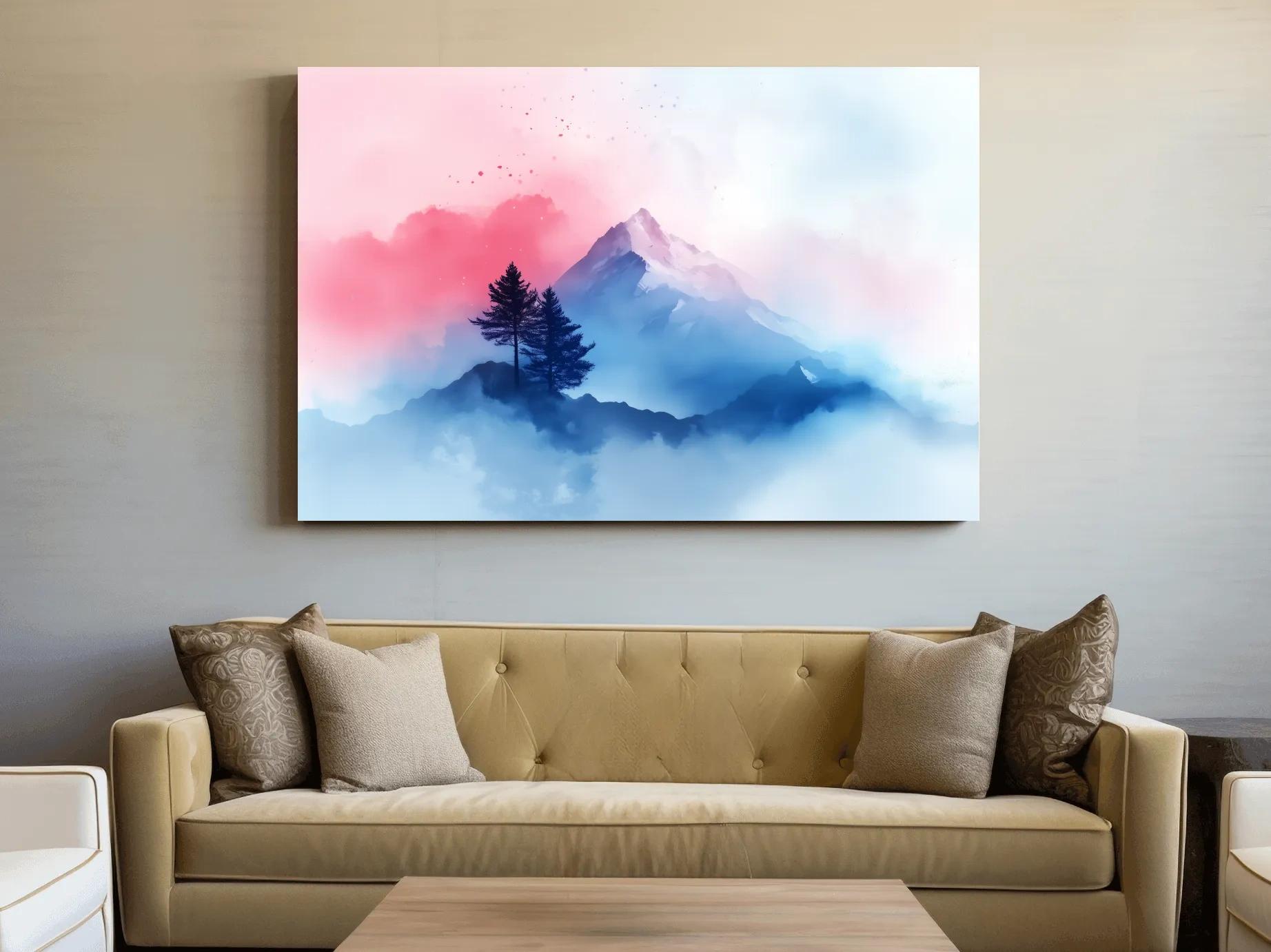 Serene mountain art painting, snowy glacier peaks, alpine trees and pastel clouds