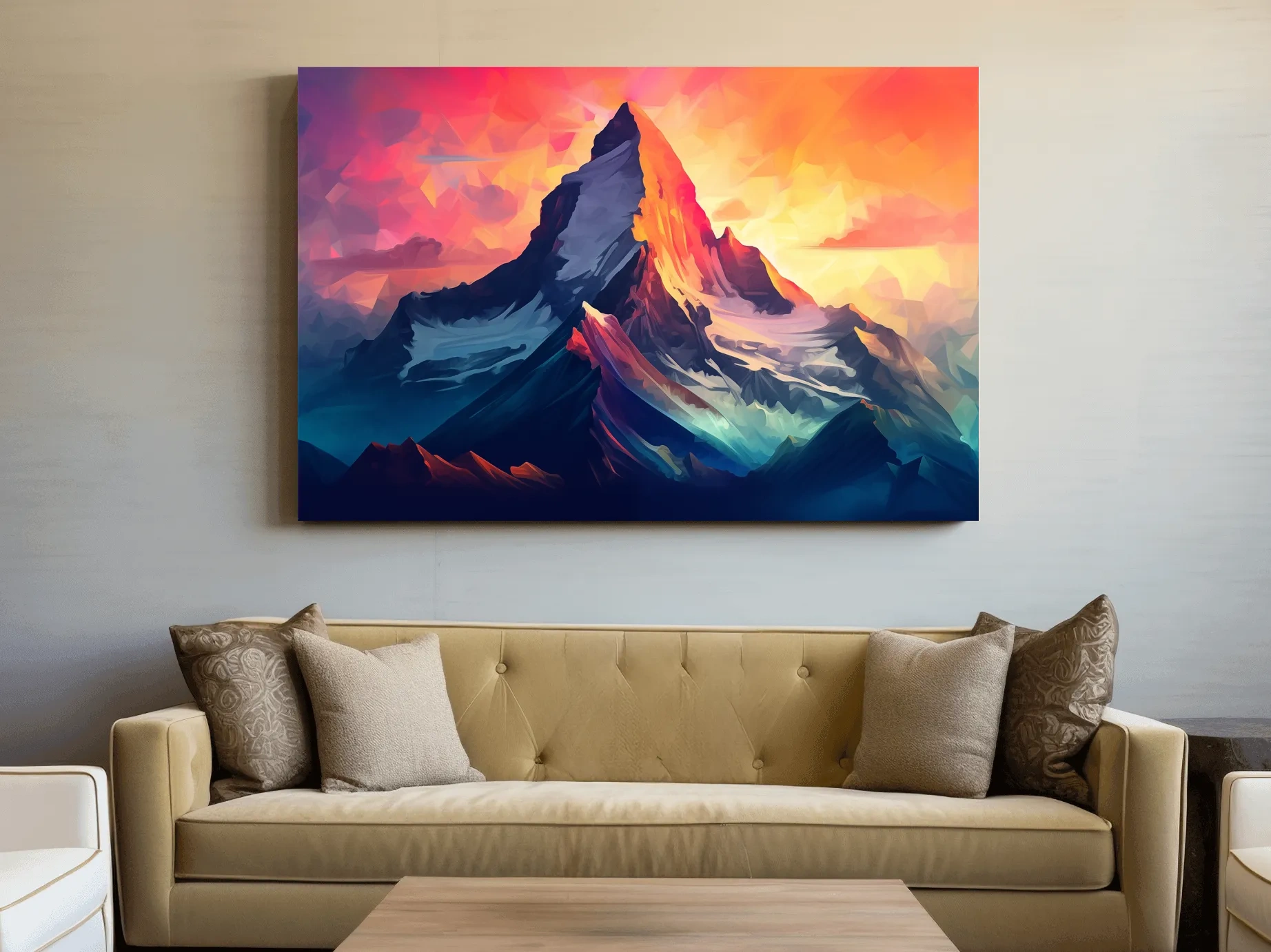 Vibrant Geometric Alpine Peak Sunrise - Modern Abstract Mountain Wall Art