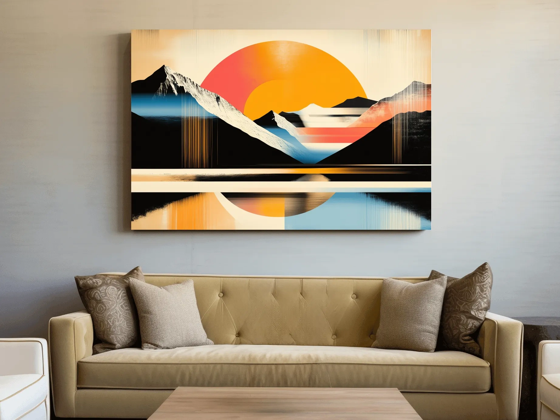 Retro Abstract Alpine Lake Sunset Artwork - Geometric Landscape Wall Art