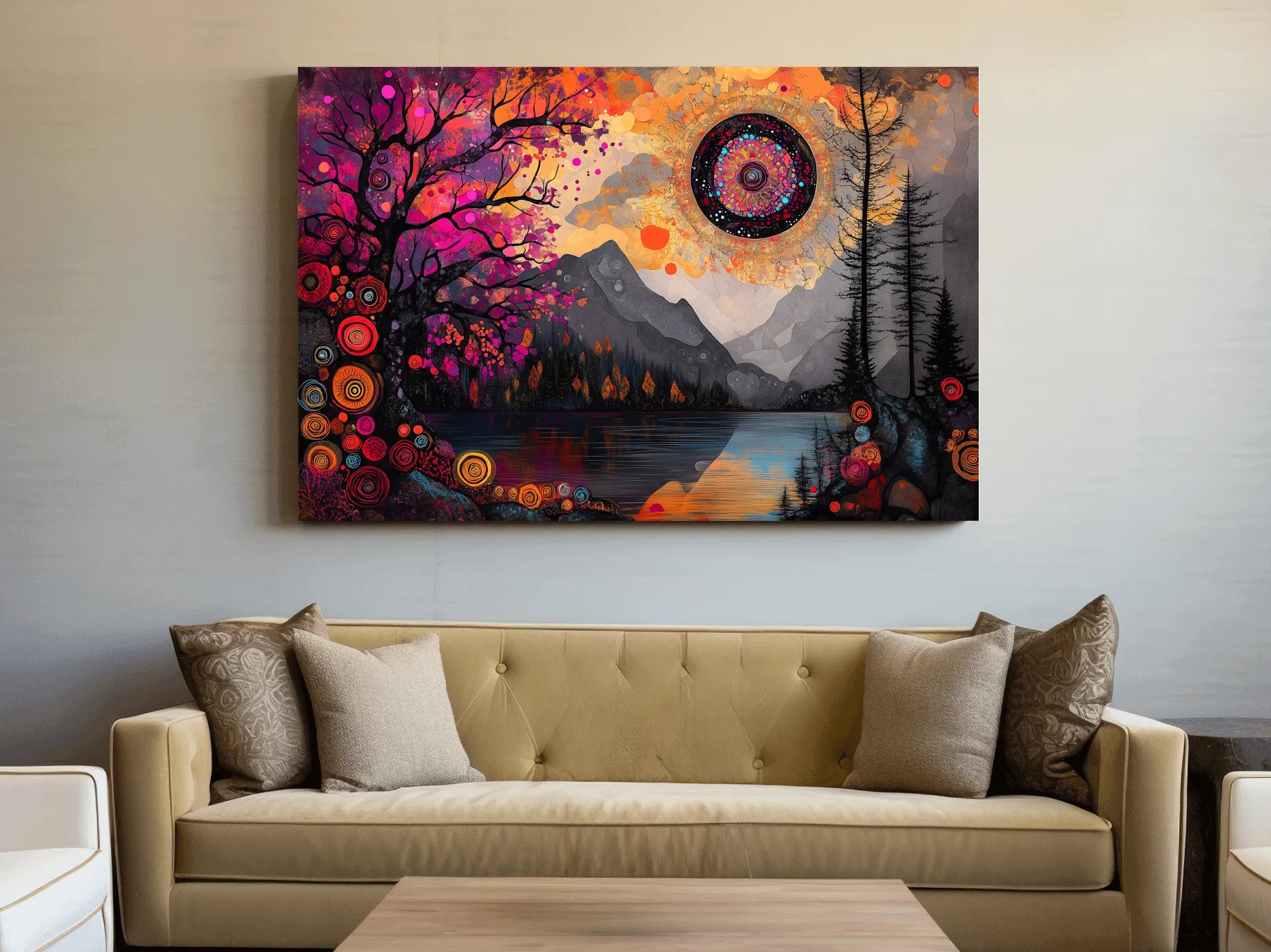 Psychedelic Mountain Lake Sunset Mandala - Vibrant Surreal Landscape Wall Art