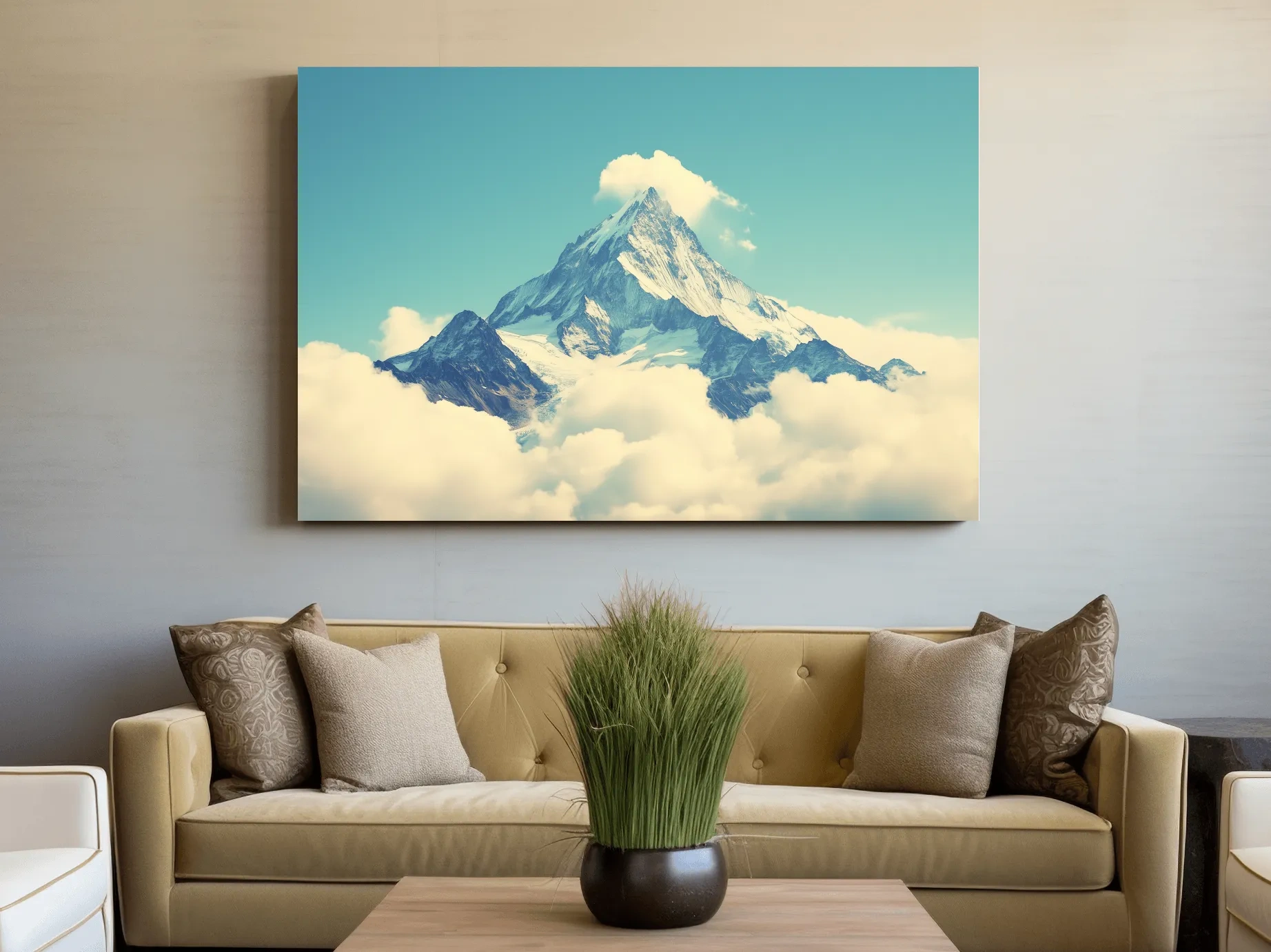 Minimal painting of a mountain peak emerging through clouds, serene artwork with soft blue sky