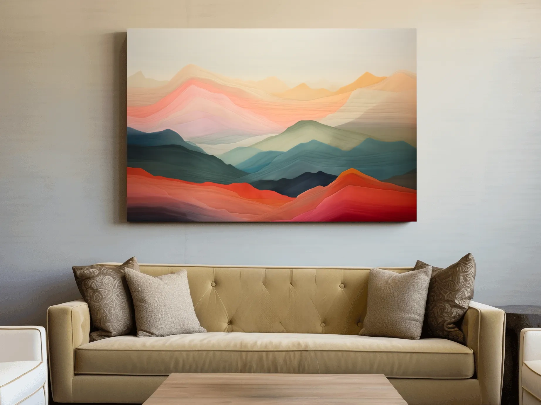 Dreamy Abstract Mountain Ranges In Warm Sunset Tones - Modern Landscape Wall Art