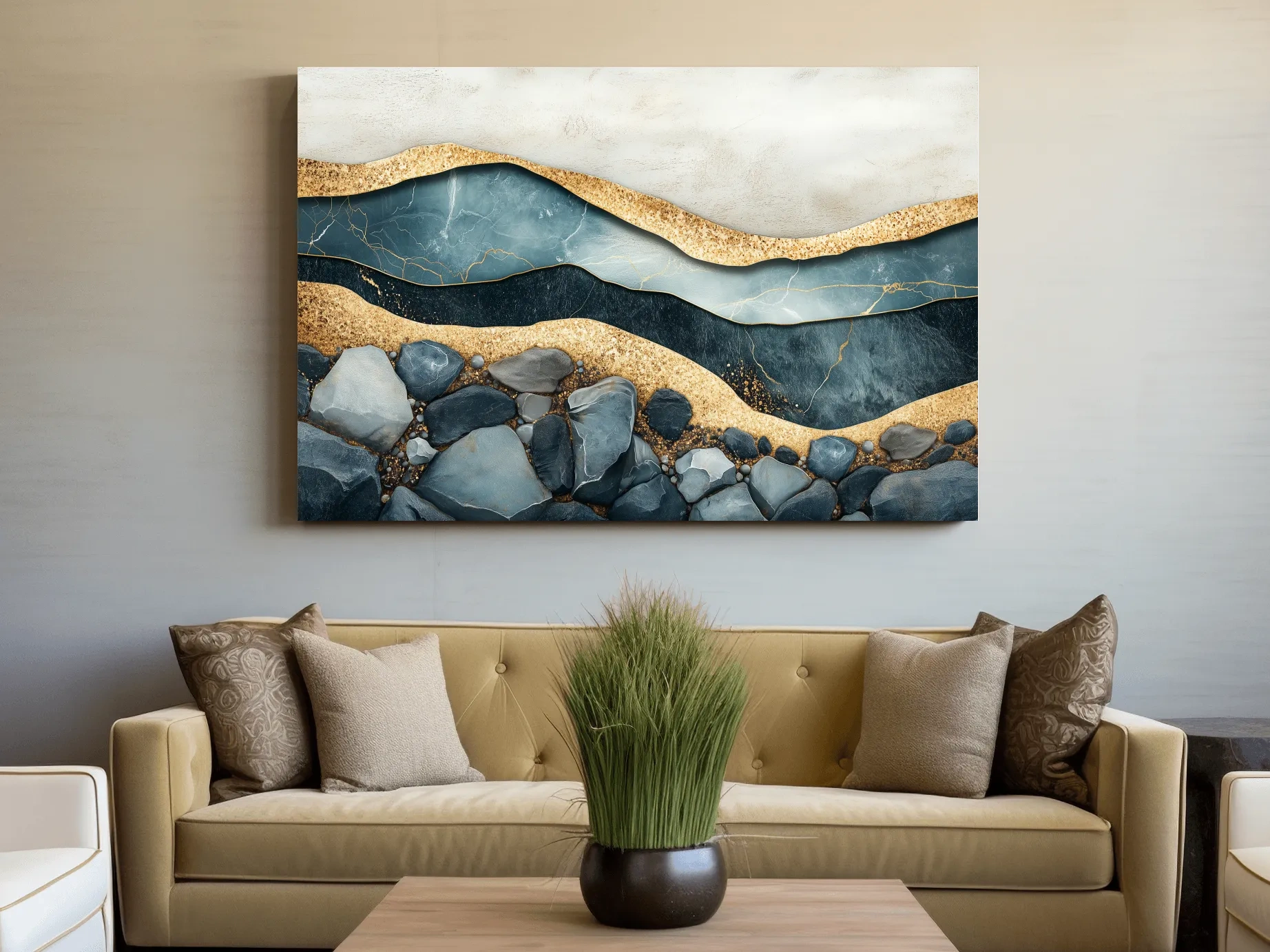 Luxury Teal Gold Marble Geode Layers - Modern River Rock Wall Art